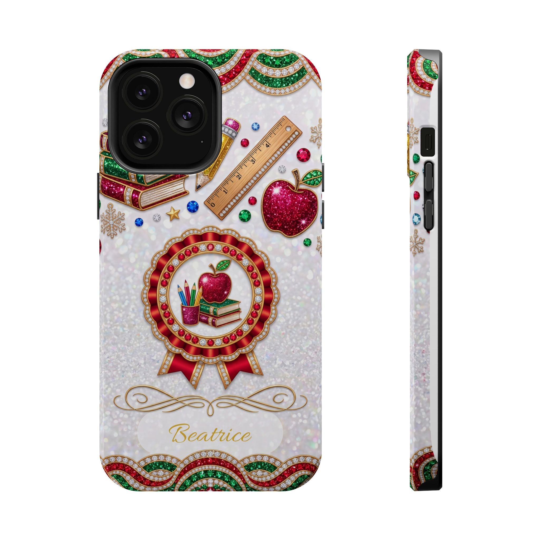 Jeweled Apple Medallion Personalized Teacher Phone Case — Wireless Charging Cover