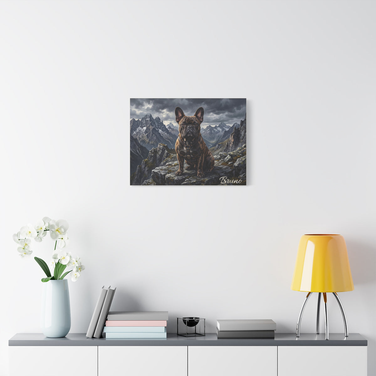 French Bulldog Personalized Canvas | Brindle Frenchie Mountain Summit Wall Art