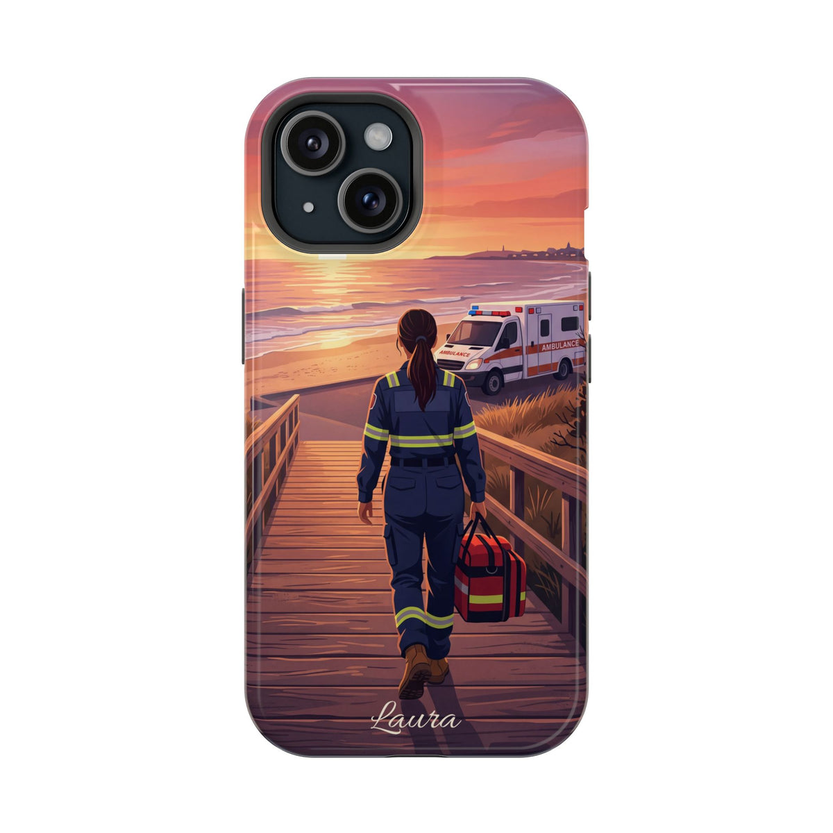 Sunset Boardwalk Personalized Paramedic Phone Case — Wireless Charging Cover