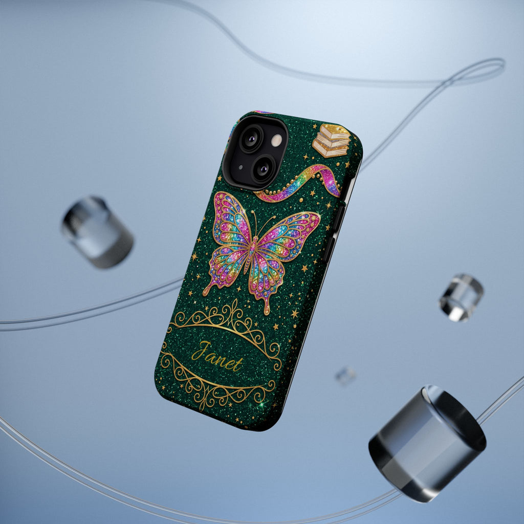 Rainbow Glitter Butterfly Personalized Teacher Phone Case — Wireless Charging Cover