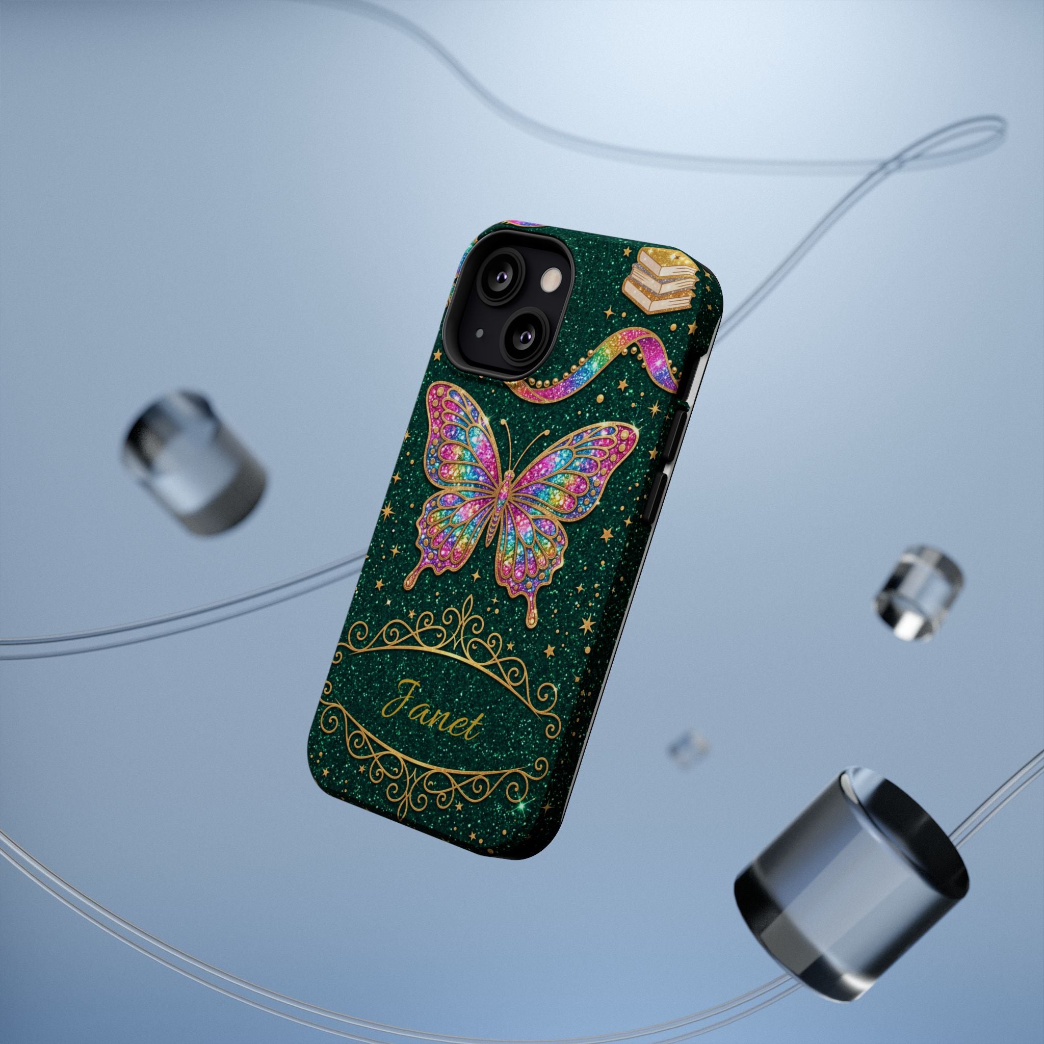 Rainbow Glitter Butterfly Personalized Teacher Phone Case — Wireless Charging Cover