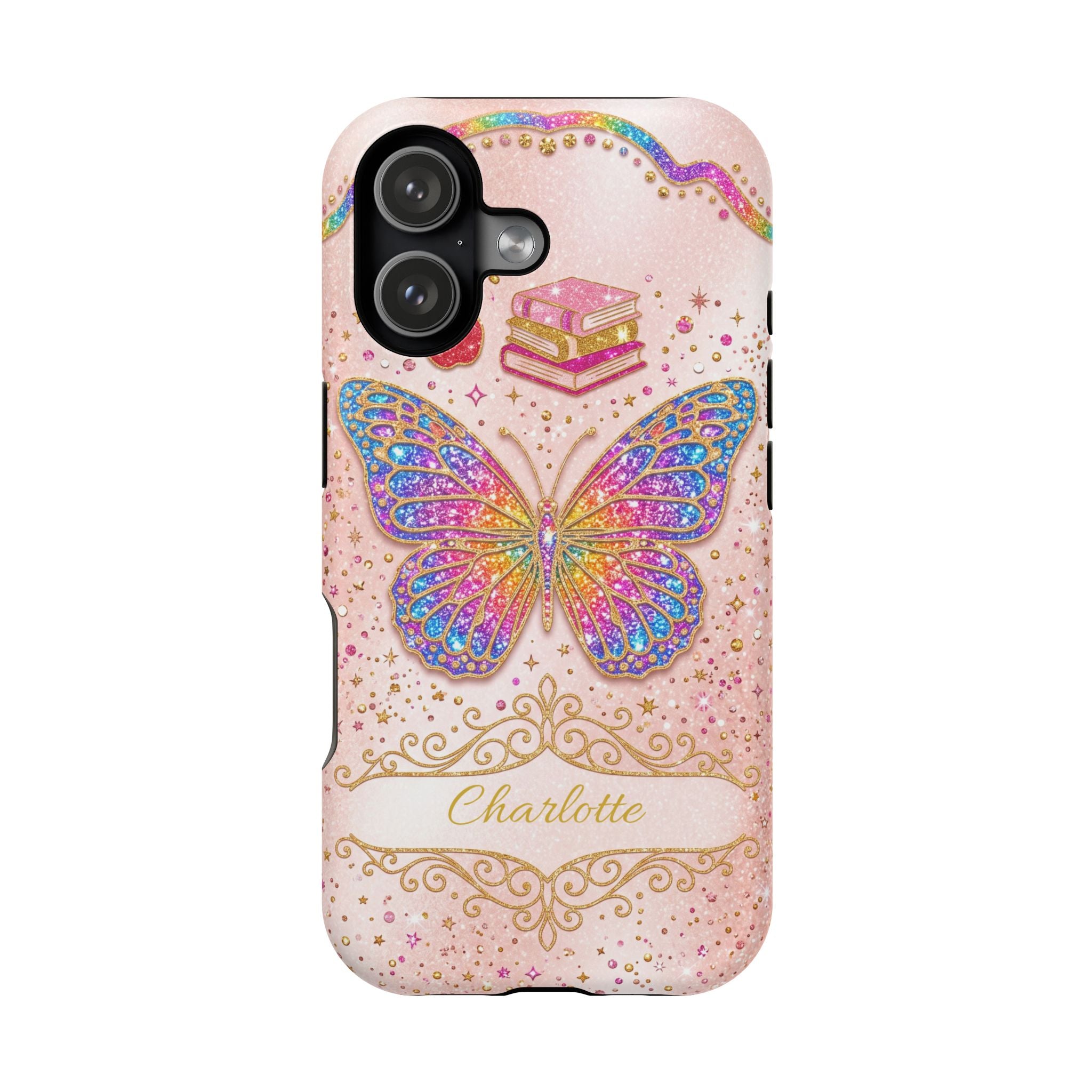 Blush Glitter Butterfly Personalized Teacher Phone Case — Wireless Charging Cover