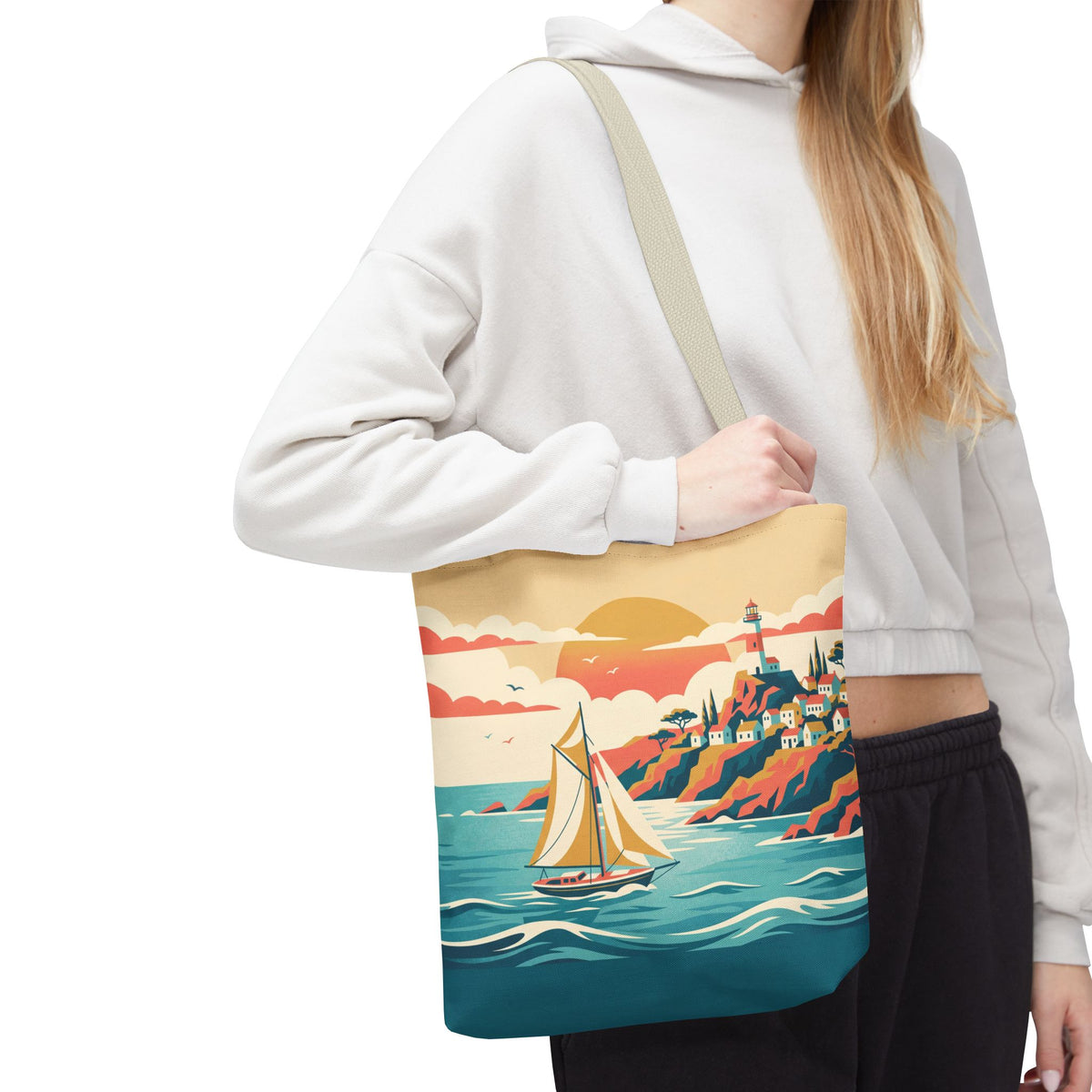 Coastal Lighthouse Sailboat Tote Bag – Retro Seaside Sunset Beach Bag