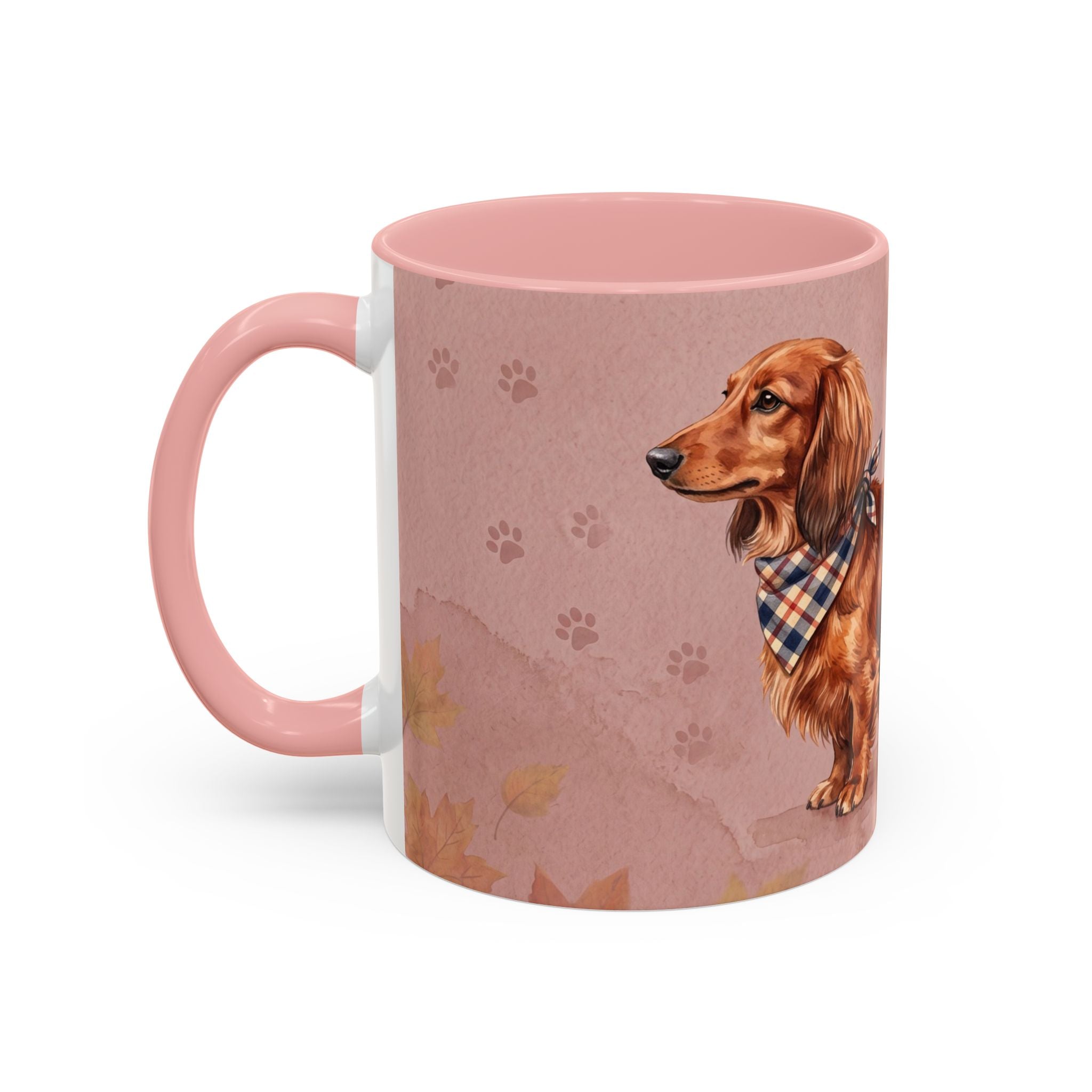 Dachshund Lover Mug | Long-Haired Wiener Dog with Plaid Bandana, Dusty Rose Watercolor Dog Gift