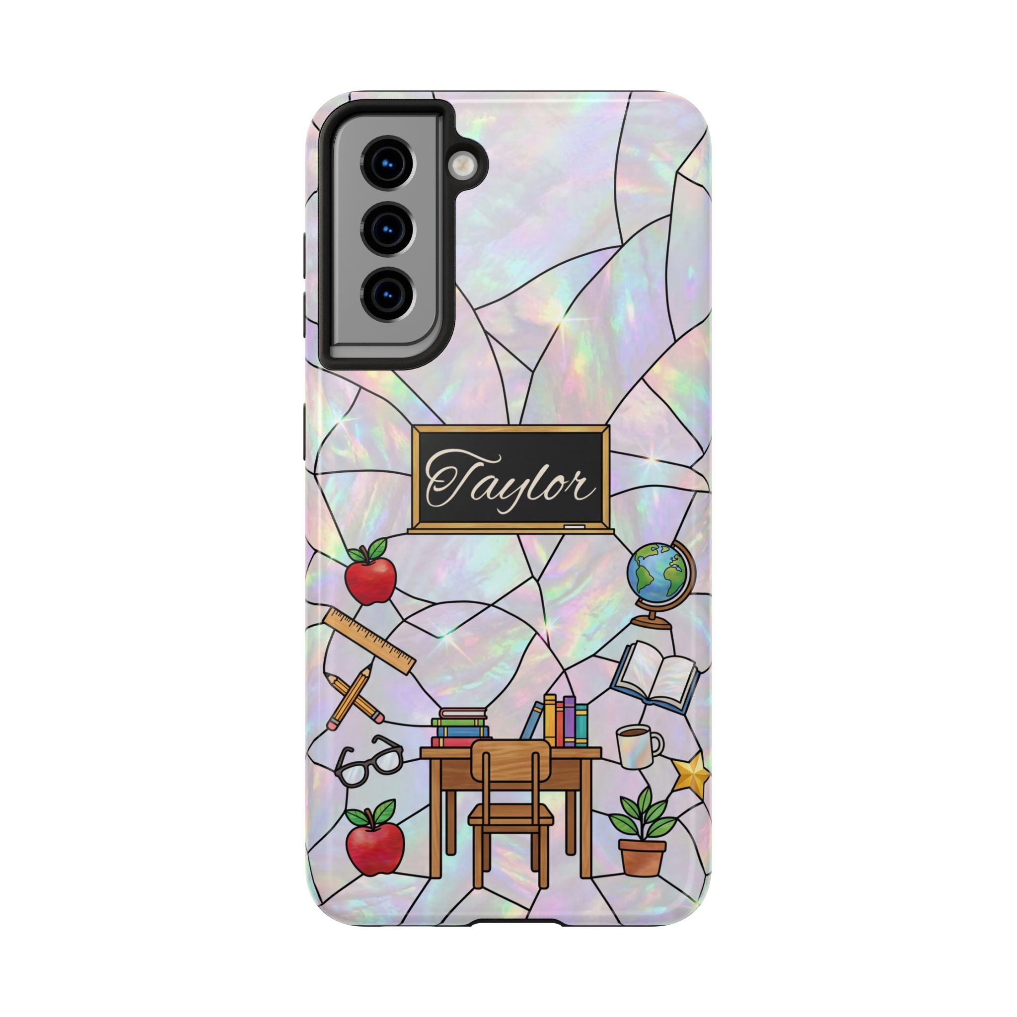 Personalized Teacher Phone Case — Custom Name Stained Glass Classroom Design