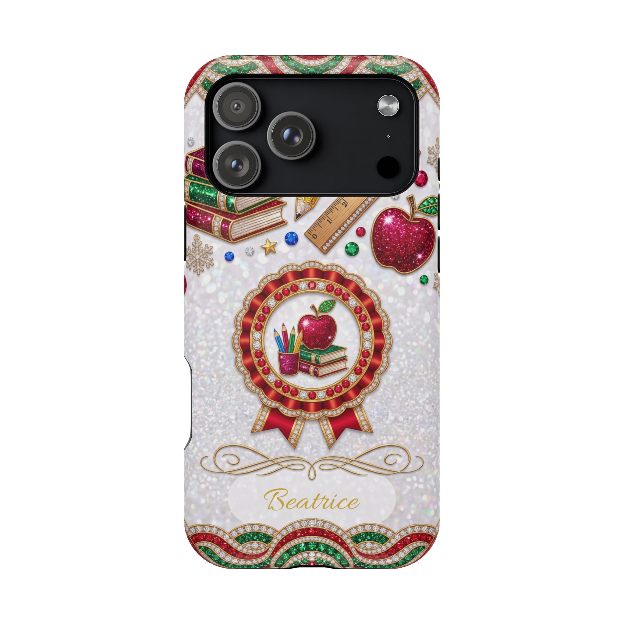 Jeweled Apple Medallion Personalized Teacher Phone Case — Wireless Charging Cover