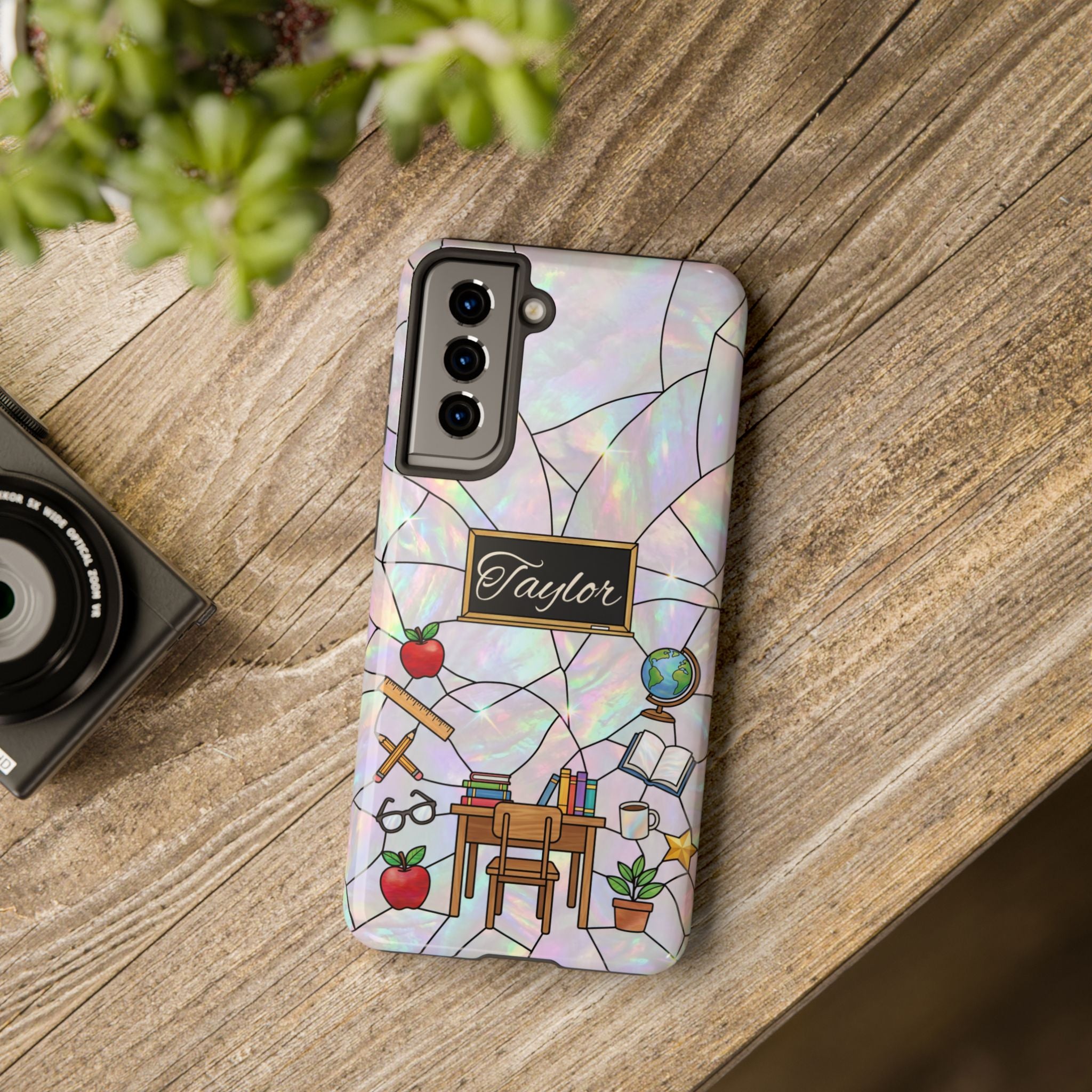 Personalized Teacher Phone Case — Custom Name Stained Glass Classroom Design