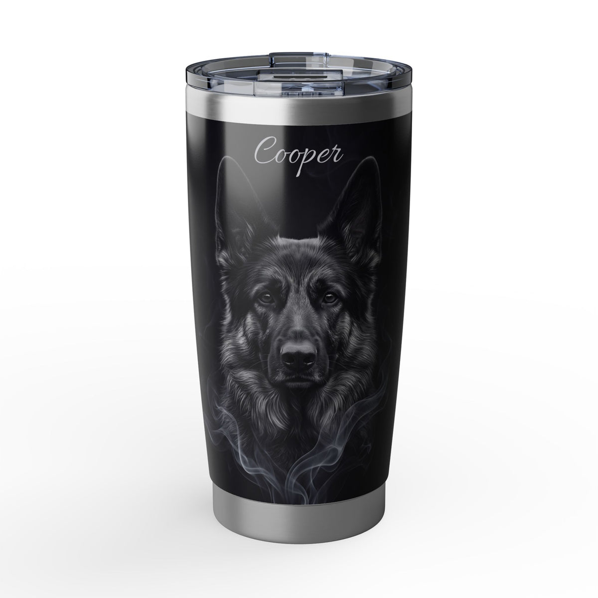 German Shepherd Personalized Tumbler | Silver Smoke Art — 20 oz Stainless Travel Mug
