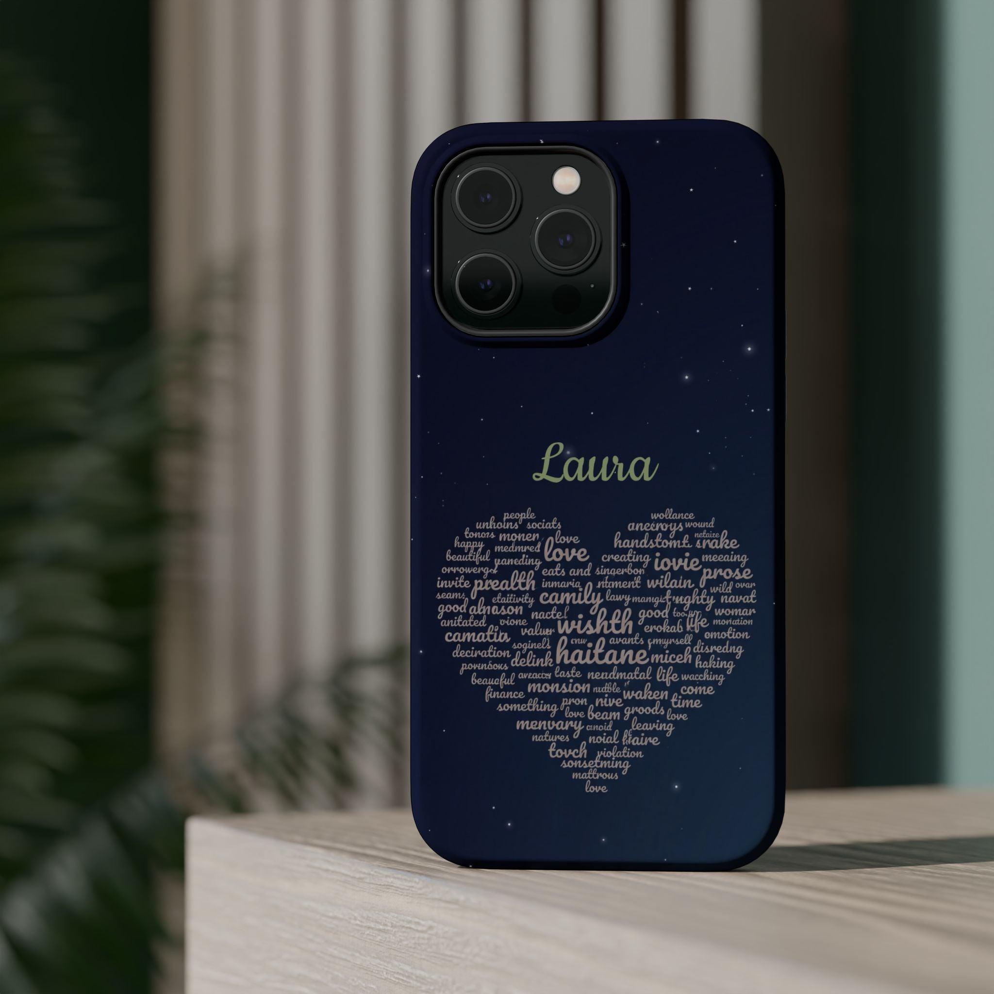 Personalized Teacher Heart Word Art Phone Case — Navy Wireless Charging Cover