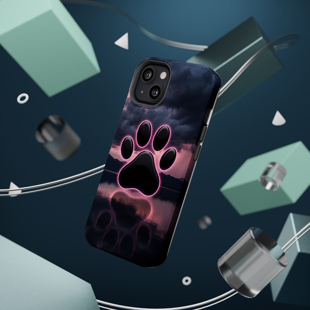 Neon Paw Print Phone Case — Impact-Resistant Wireless Charging Cover