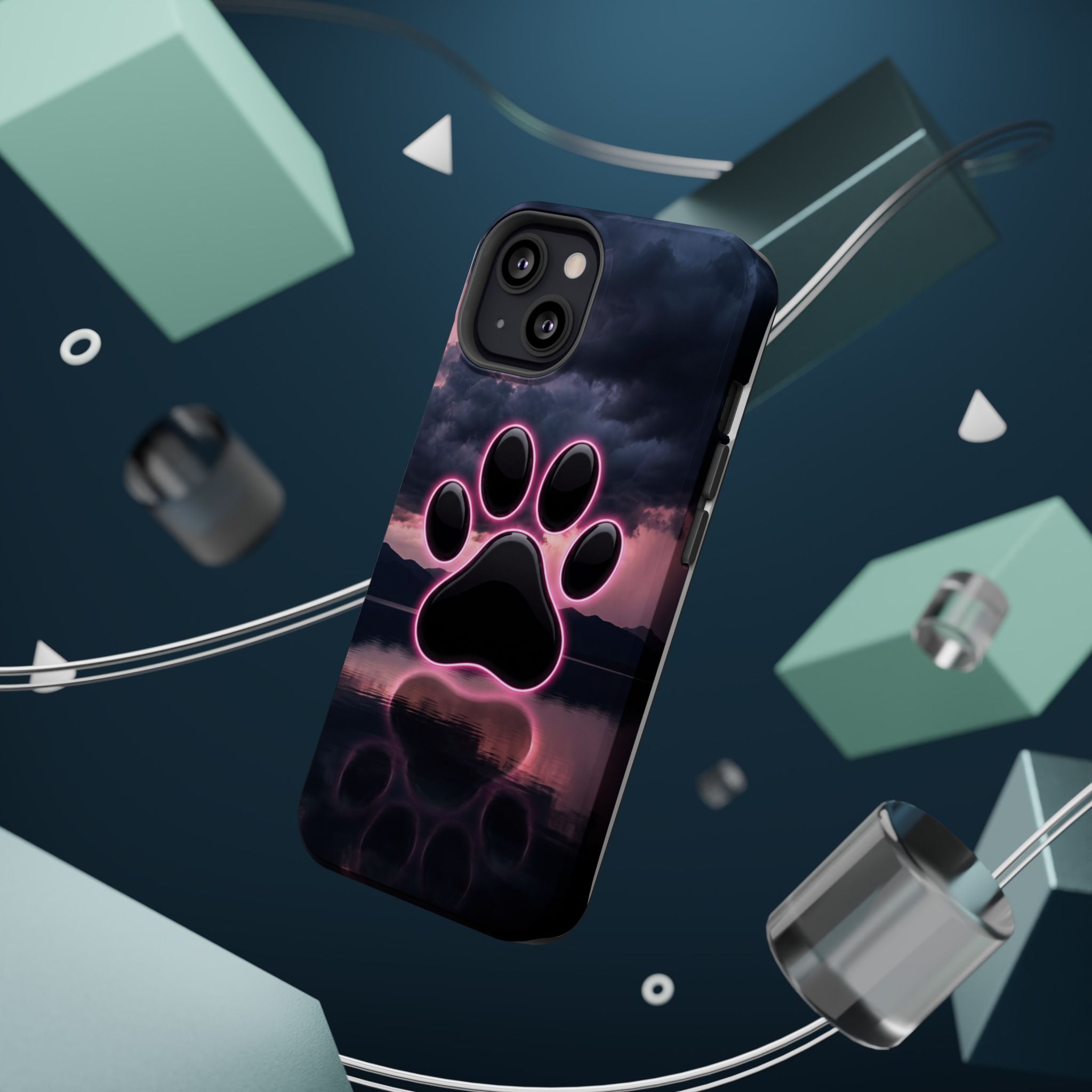Neon Paw Print Phone Case — Impact-Resistant Wireless Charging Cover