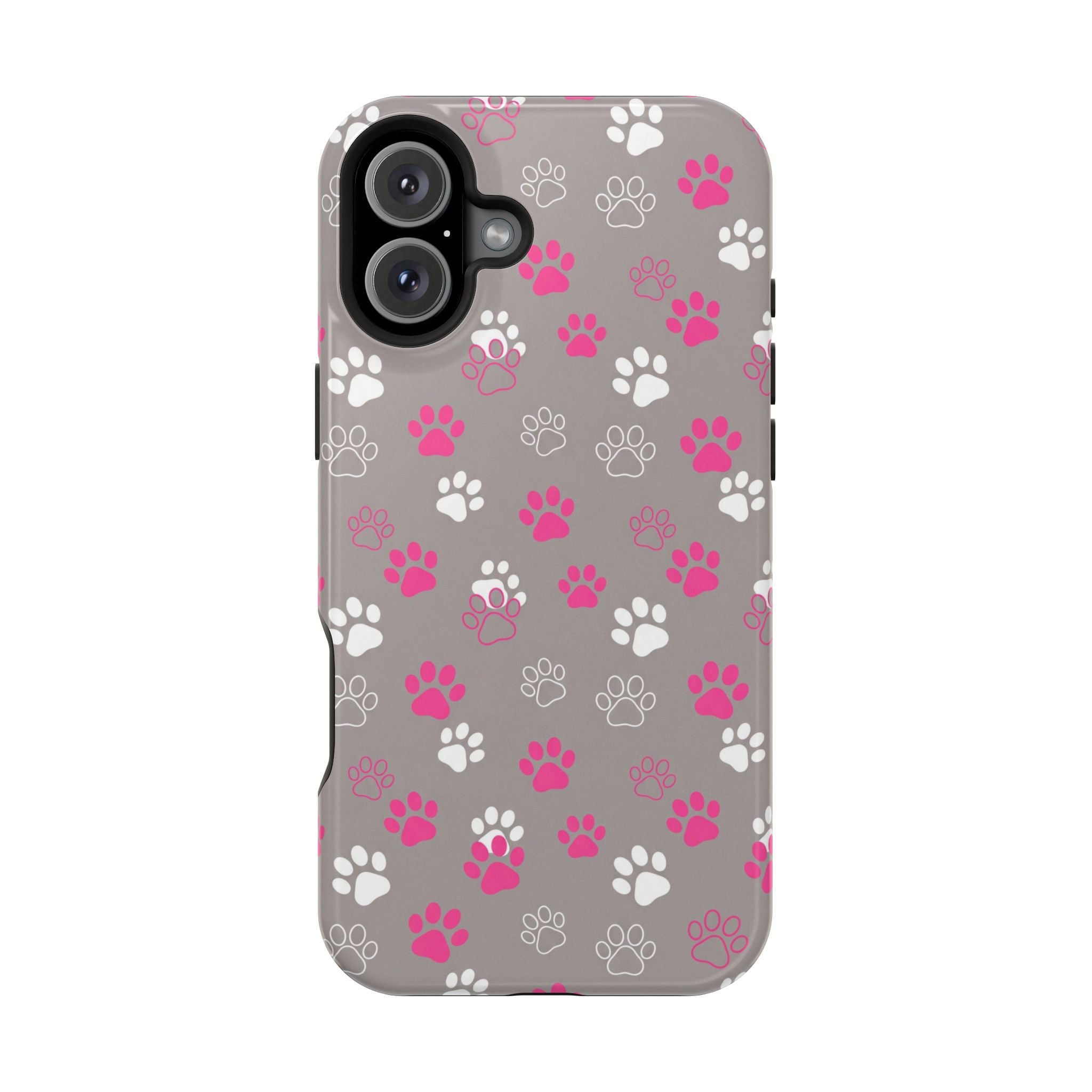 Pink & White Paw Print Phone Case — Impact-Resistant Wireless Charging Cover