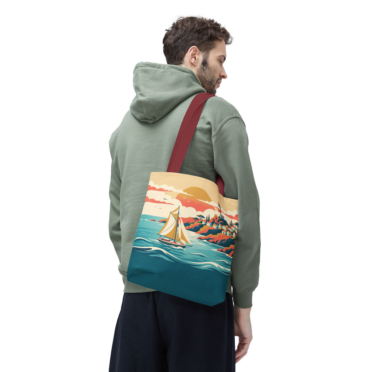 Coastal Lighthouse Sailboat Tote Bag – Retro Seaside Sunset Beach Bag
