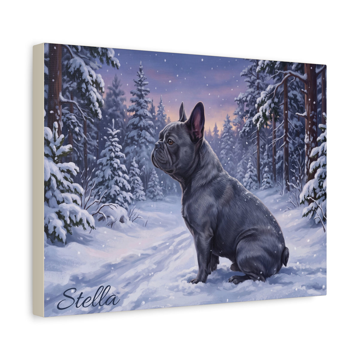 French Bulldog Personalized Canvas | Twilight Snowy Pine Forest Wall Art
