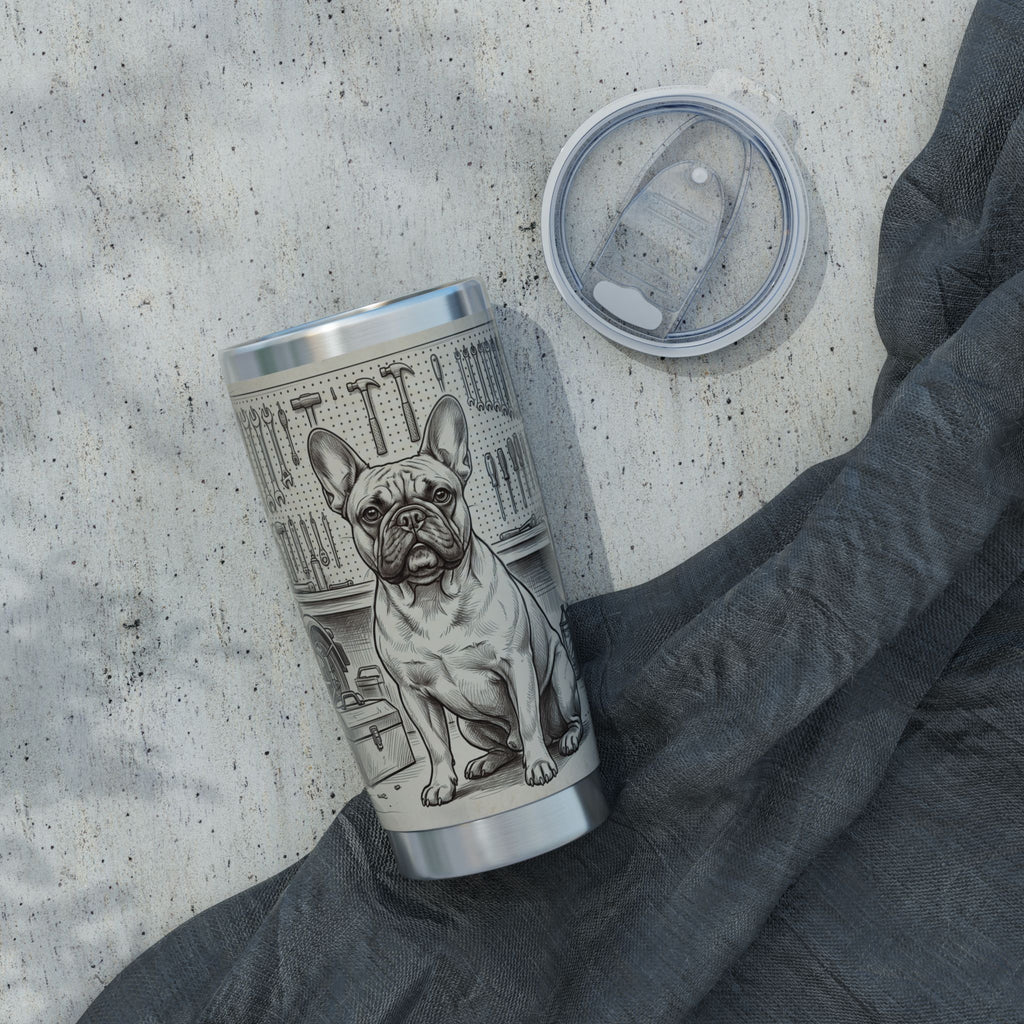 Garage Frenchie Stainless Tumbler — 20 oz Personalized Travel Mug with Workshop Design