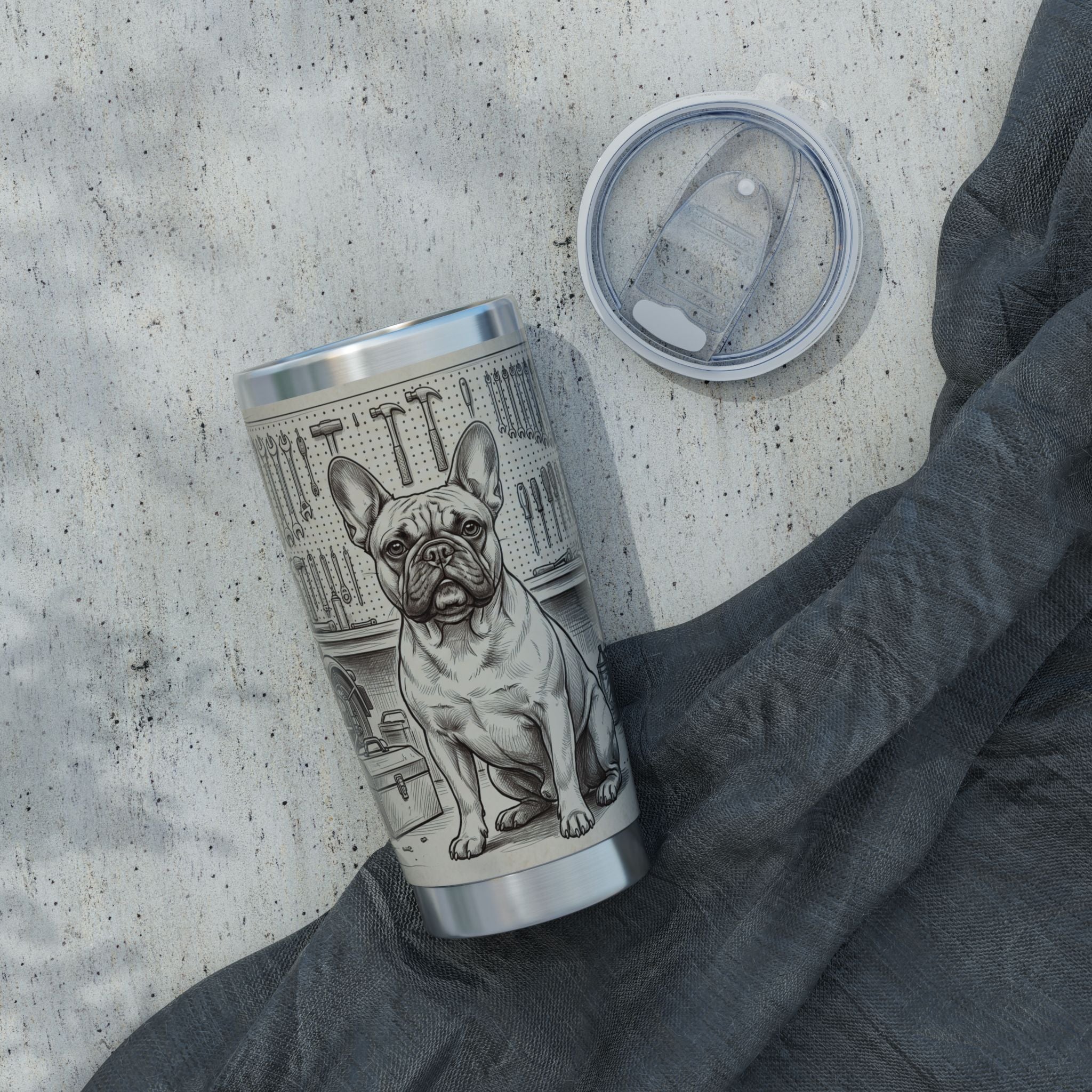 Garage Frenchie Stainless Tumbler — 20 oz Personalized Travel Mug with Workshop Design