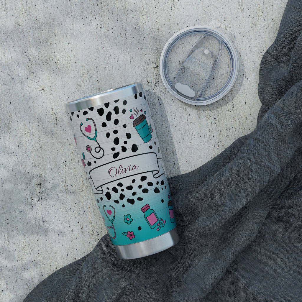 Personalized Nurse Tumbler – Custom Name Dalmatian Print Teal 20 oz