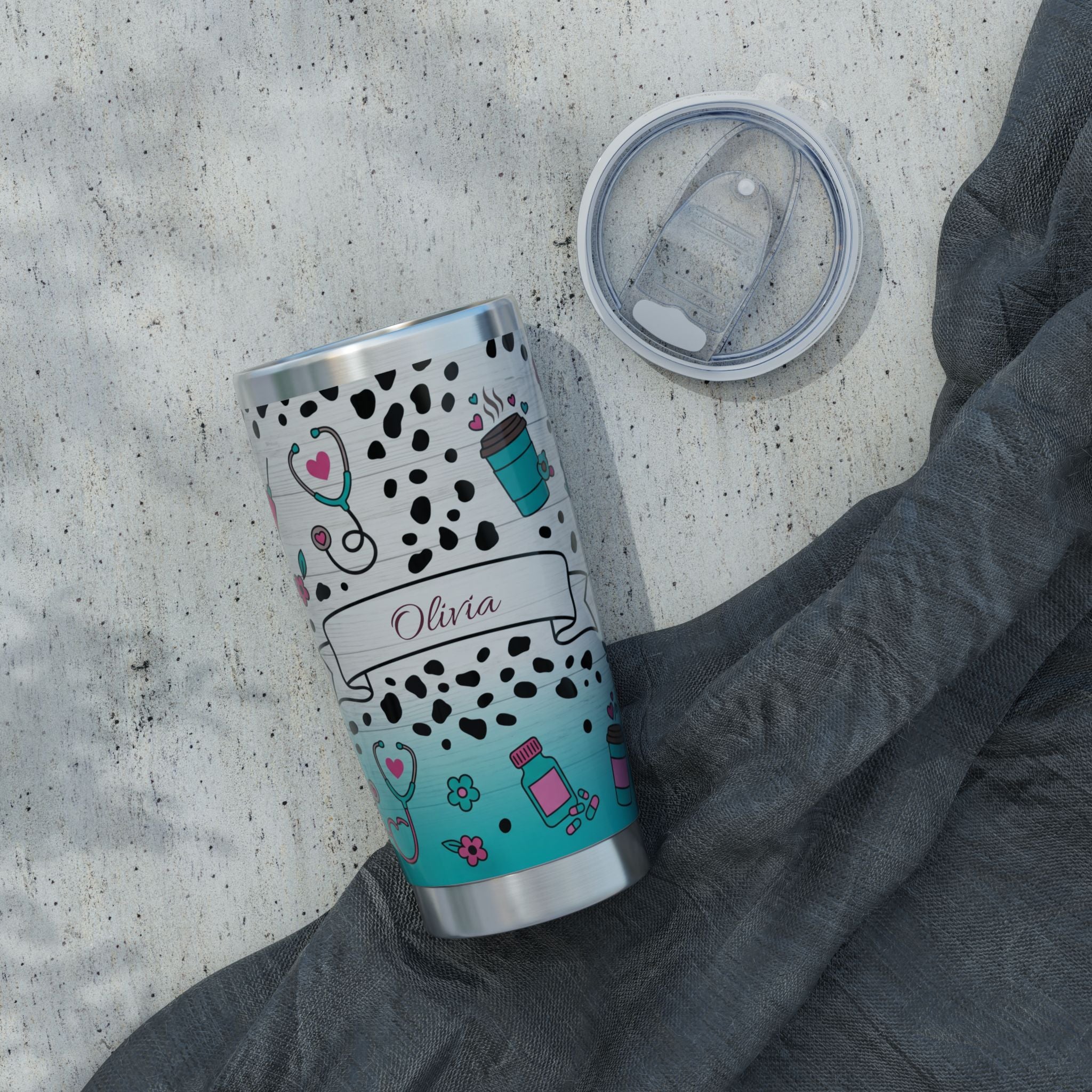 Personalized Nurse Tumbler – Custom Name Dalmatian Print Teal 20 oz