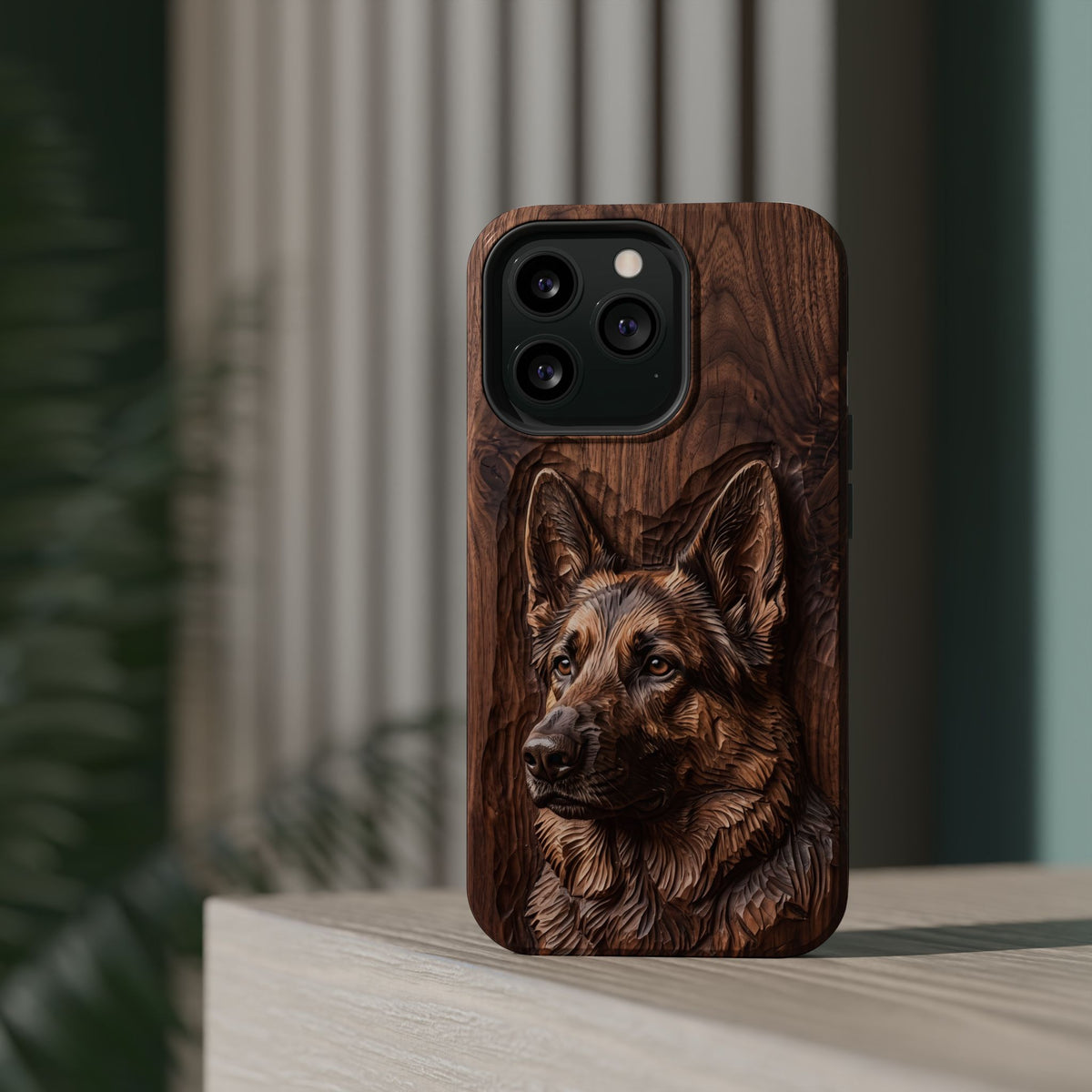 German Shepherd Phone Case | Carved Walnut Art — Tough Magnetic Case with Wireless Charging