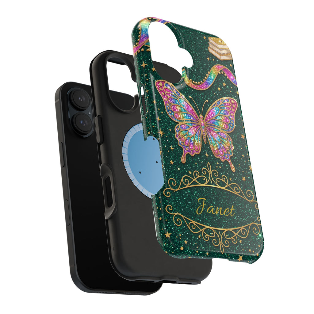 Rainbow Glitter Butterfly Personalized Teacher Phone Case — Wireless Charging Cover