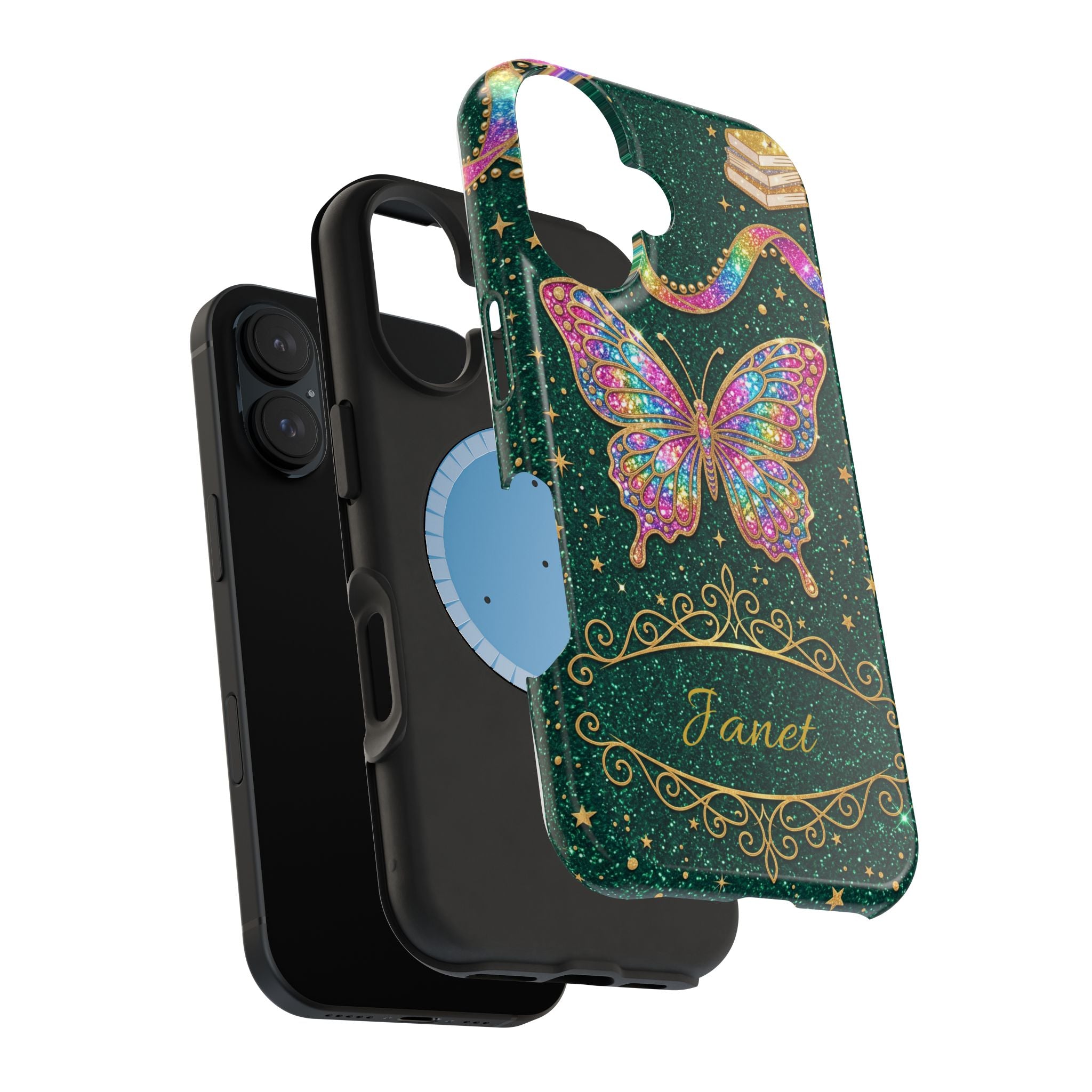 Rainbow Glitter Butterfly Personalized Teacher Phone Case — Wireless Charging Cover