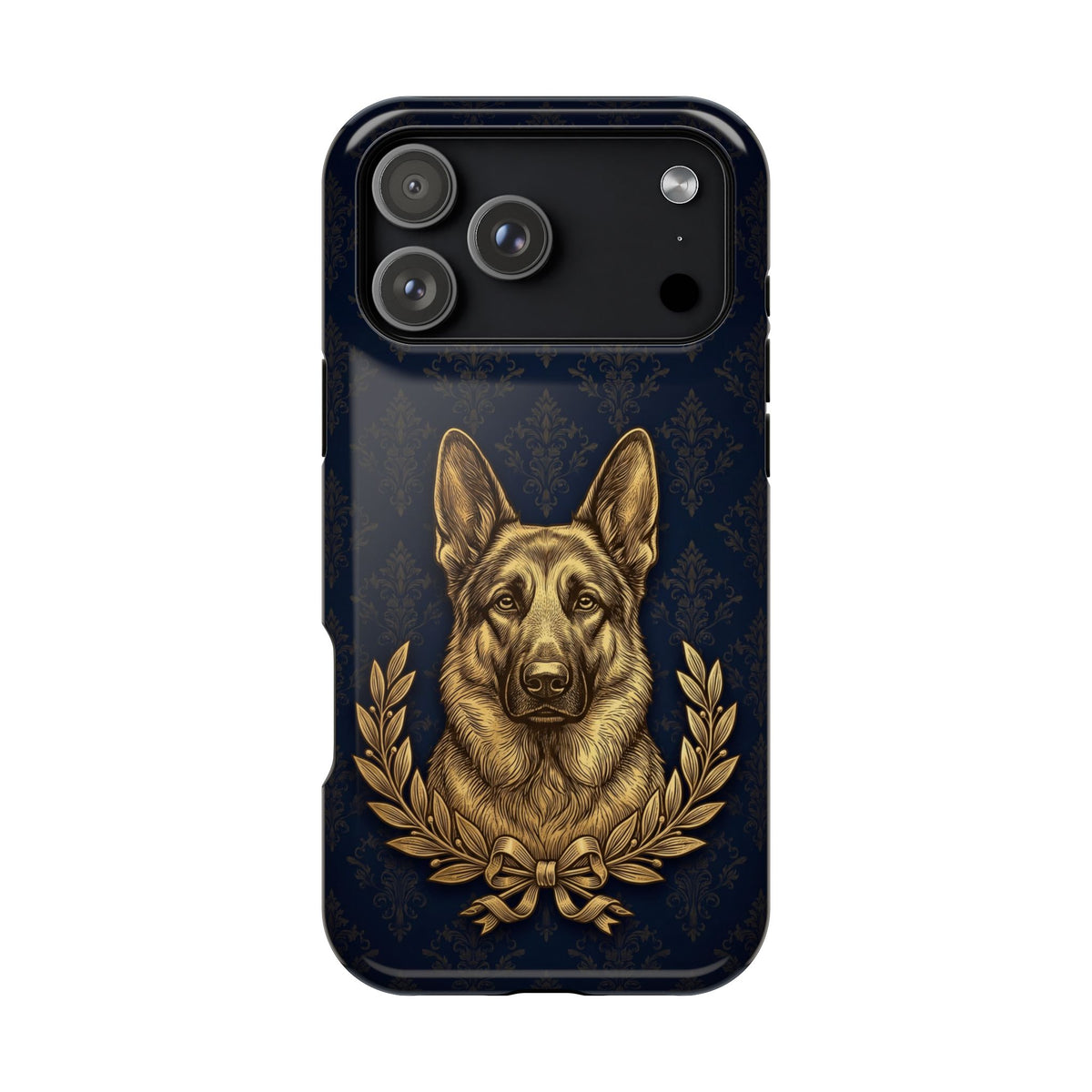 German Shepherd Phone Case | Navy Gold Laurel Art — Tough Magnetic Case with Wireless Charging