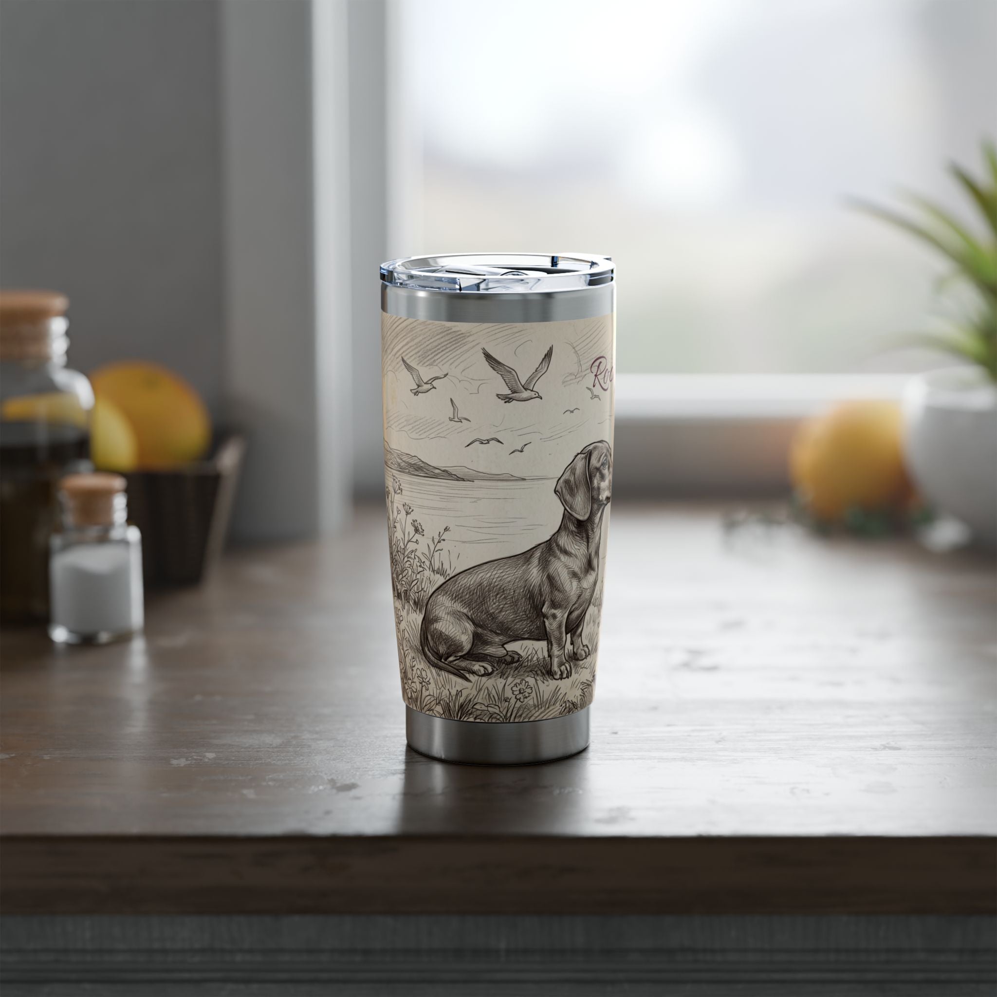 Nautical Dachshund Stainless Tumbler — 20 oz Personalized Travel Mug with Sailboat Harbour Design