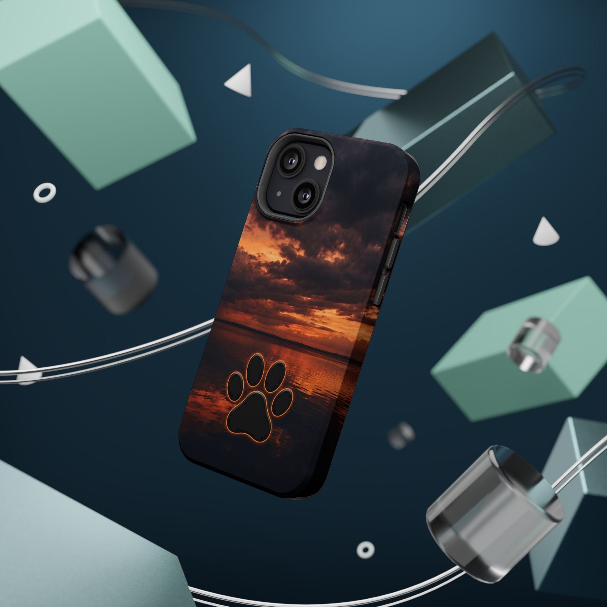 Sunset Paw Print Phone Case — Impact-Resistant Wireless Charging Cover