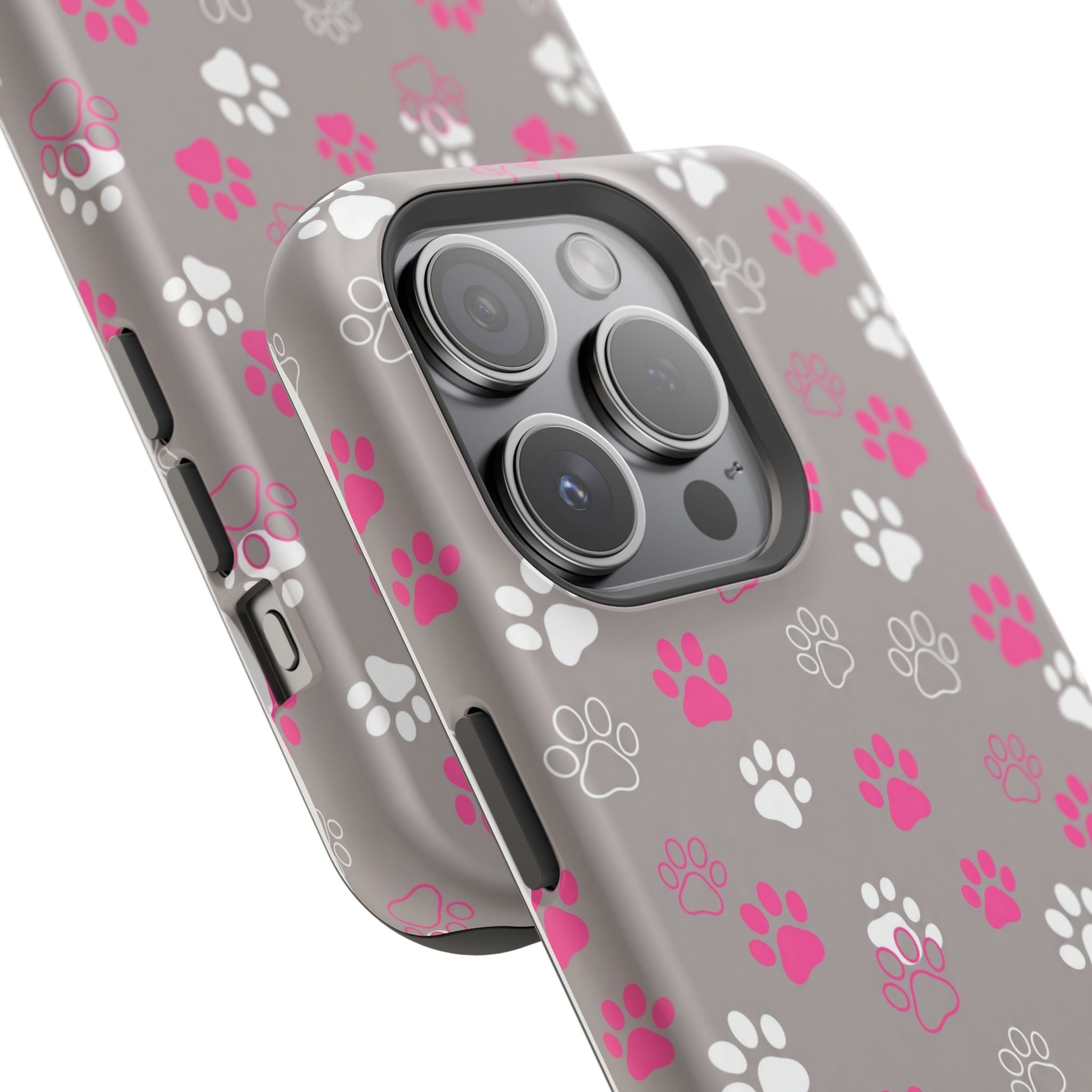 Pink & White Paw Print Phone Case — Impact-Resistant Wireless Charging Cover