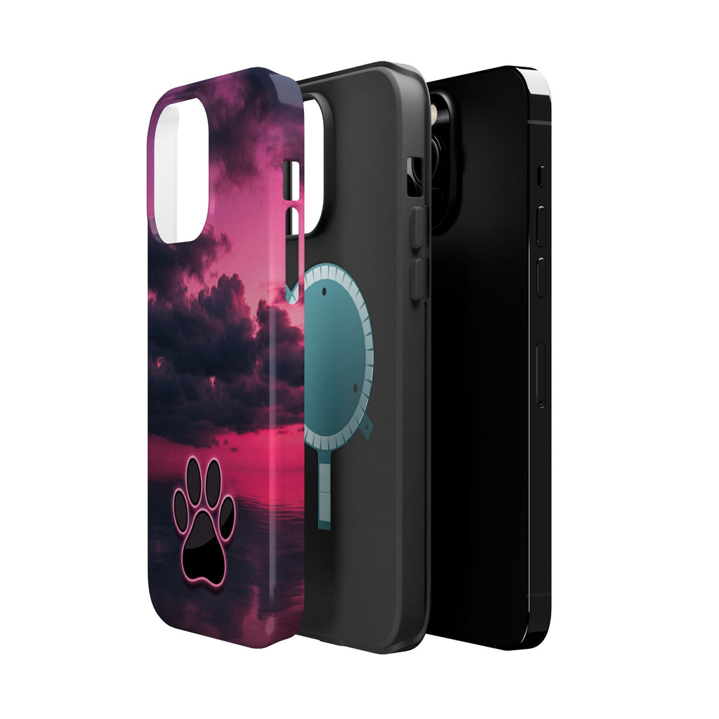 iPhone & Samsung Magnetic Impact-Resistant Phone Case — Pink Twilight Cloud with Paw Print
