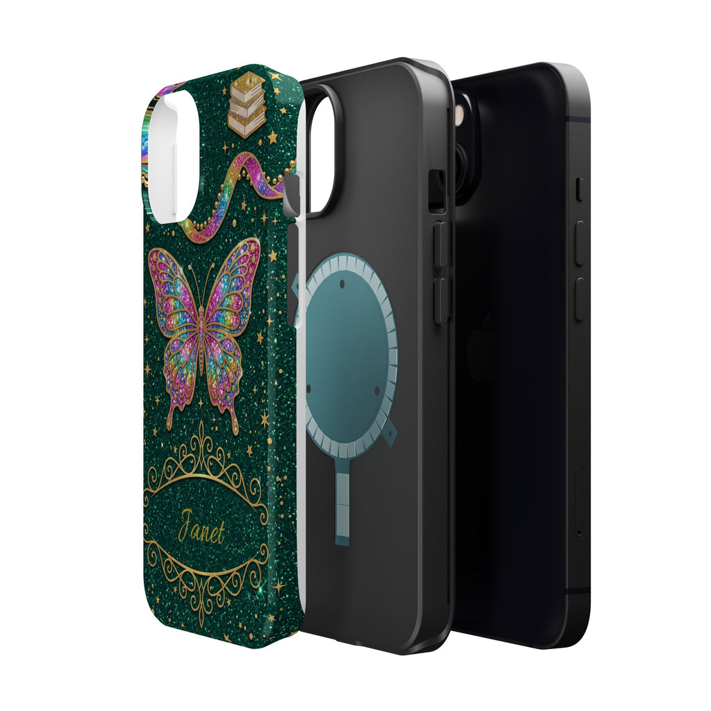 Rainbow Glitter Butterfly Personalized Teacher Phone Case — Wireless Charging Cover