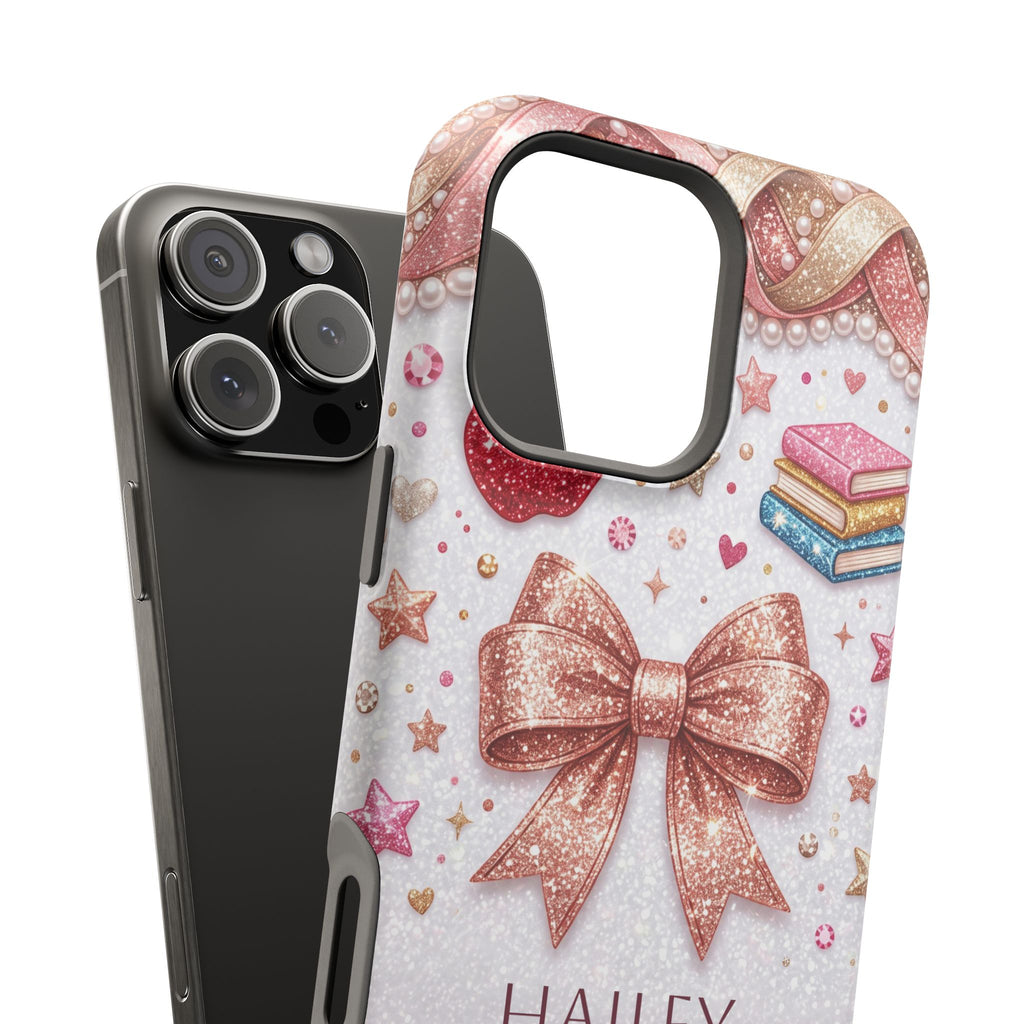 Rose Gold Glitter Bow Personalized Teacher Phone Case — Wireless Charging Cover