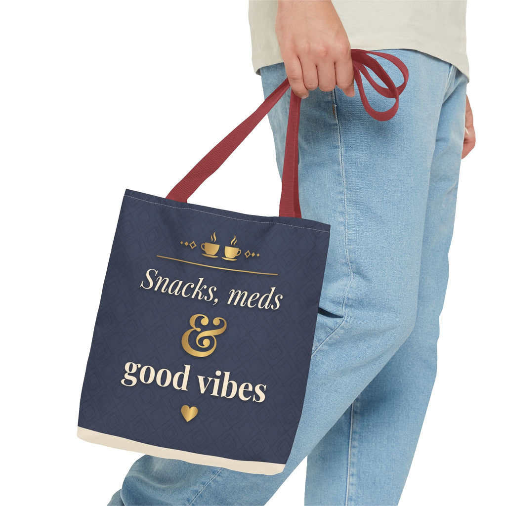 Snacks Meds & Good Vibes Tote | Funny Nurse Gift Tote Bag | Healthcare Worker Humour Gift | Premium Polyester Carry-All
