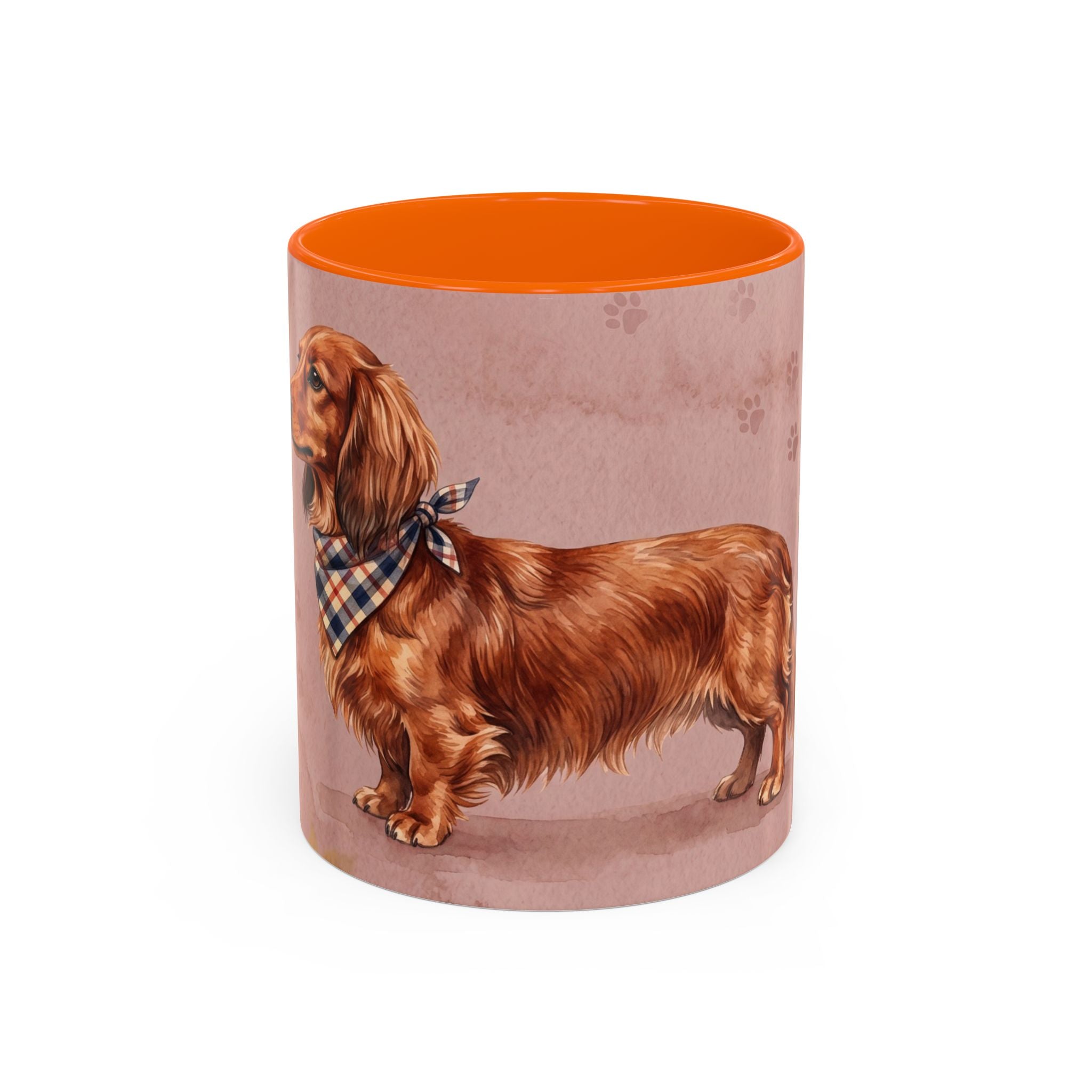 Dachshund Lover Mug | Long-Haired Wiener Dog with Plaid Bandana, Dusty Rose Watercolor Dog Gift