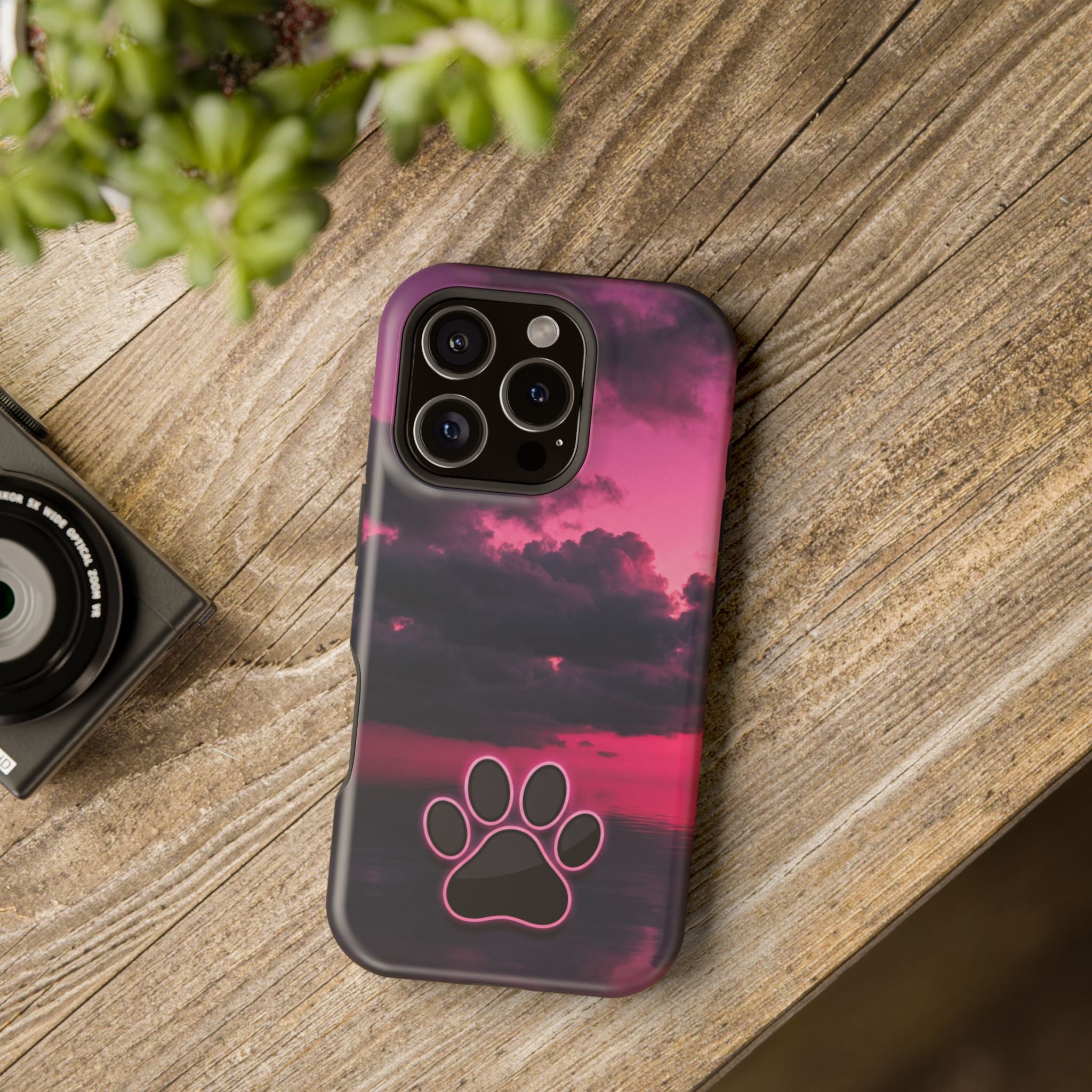 iPhone & Samsung Magnetic Impact-Resistant Phone Case — Pink Twilight Cloud with Paw Print