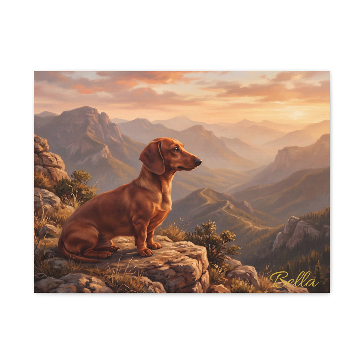 Personalized Dachshund Canvas — Mountain Sunset Scene