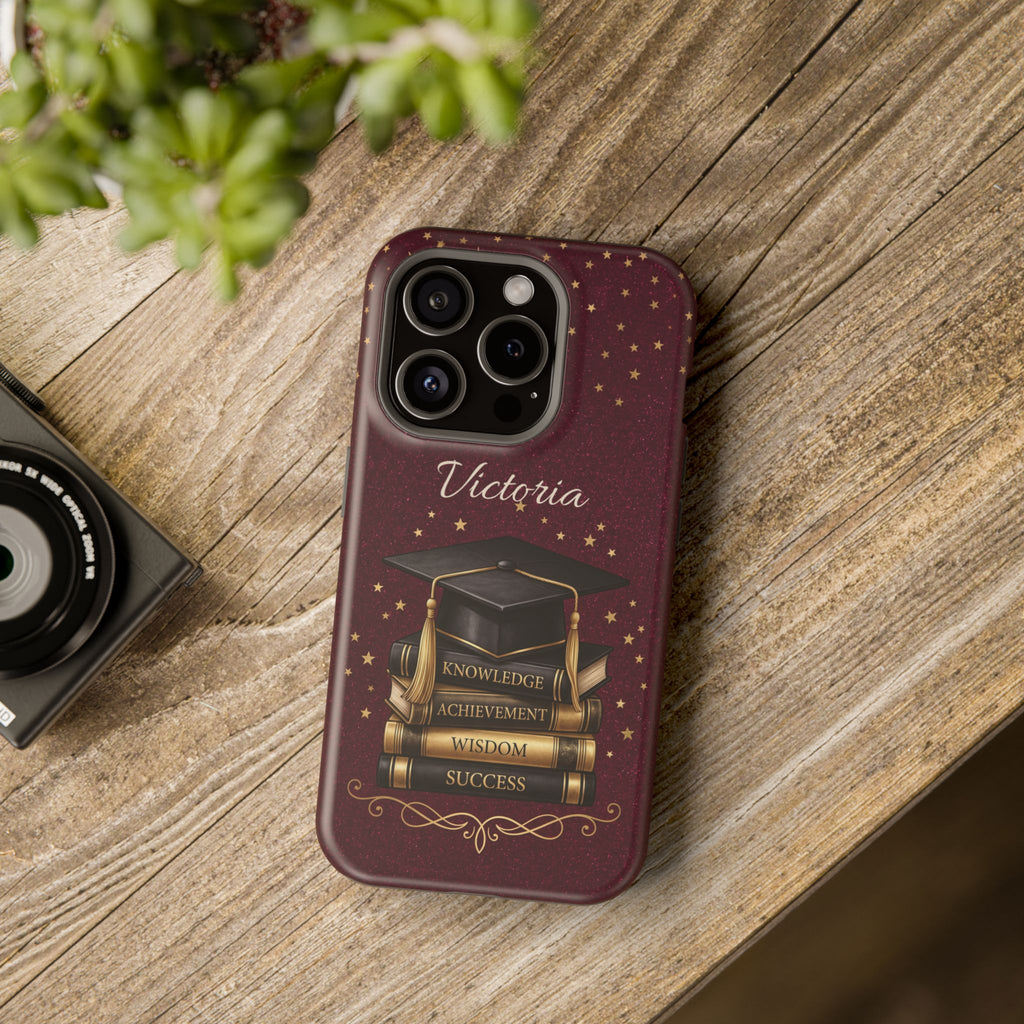 Graduation Cap & Books Personalized Teacher Phone Case — Wireless Charging Cover