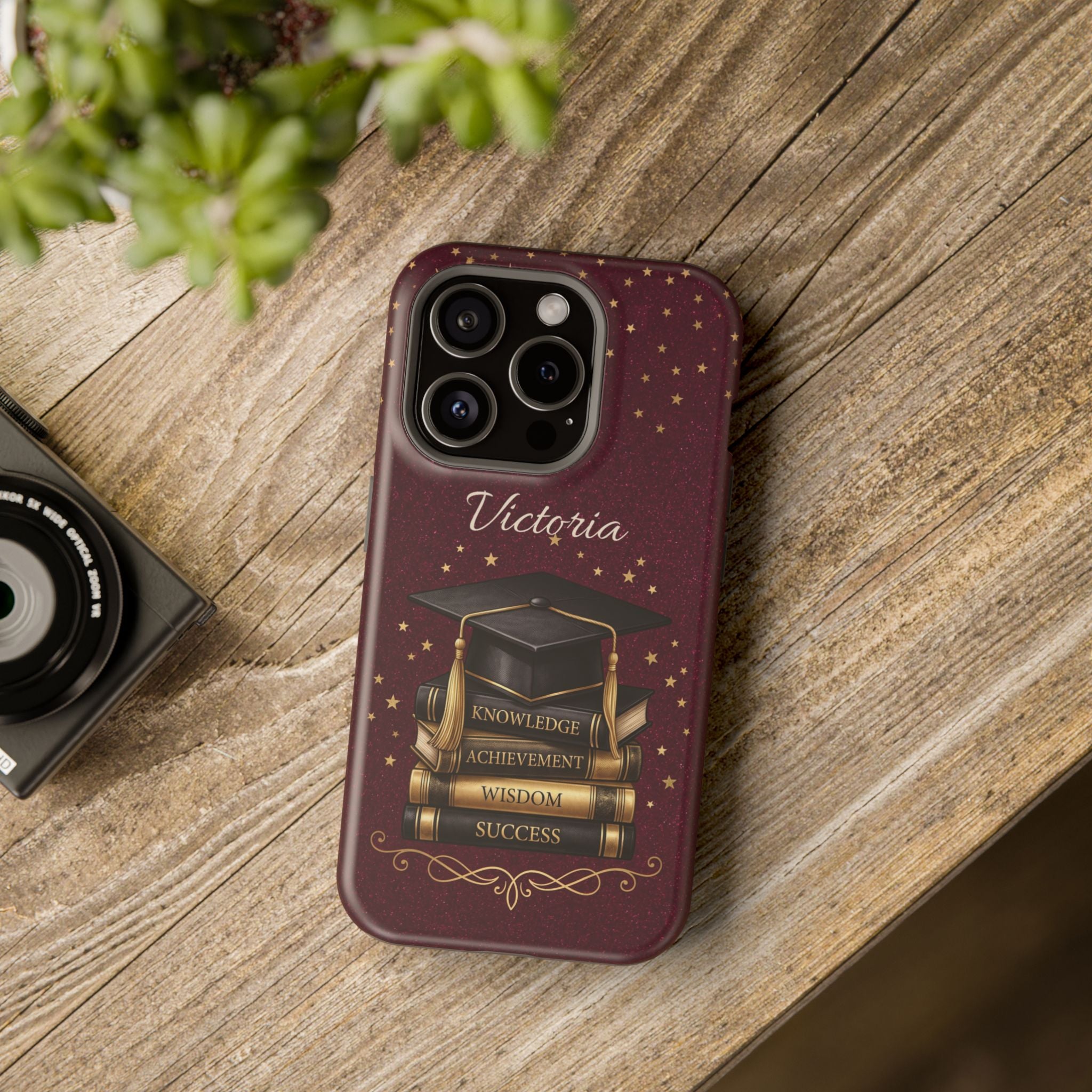 Graduation Cap & Books Personalized Teacher Phone Case — Wireless Charging Cover