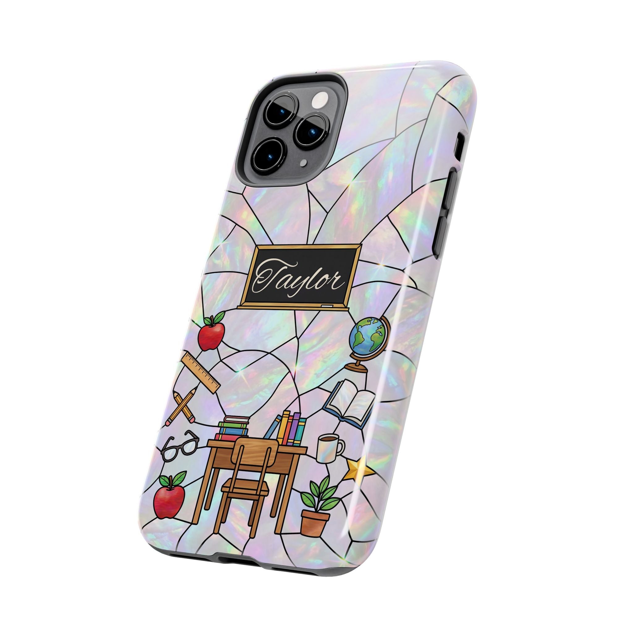 Personalized Teacher Phone Case — Custom Name Stained Glass Classroom Design