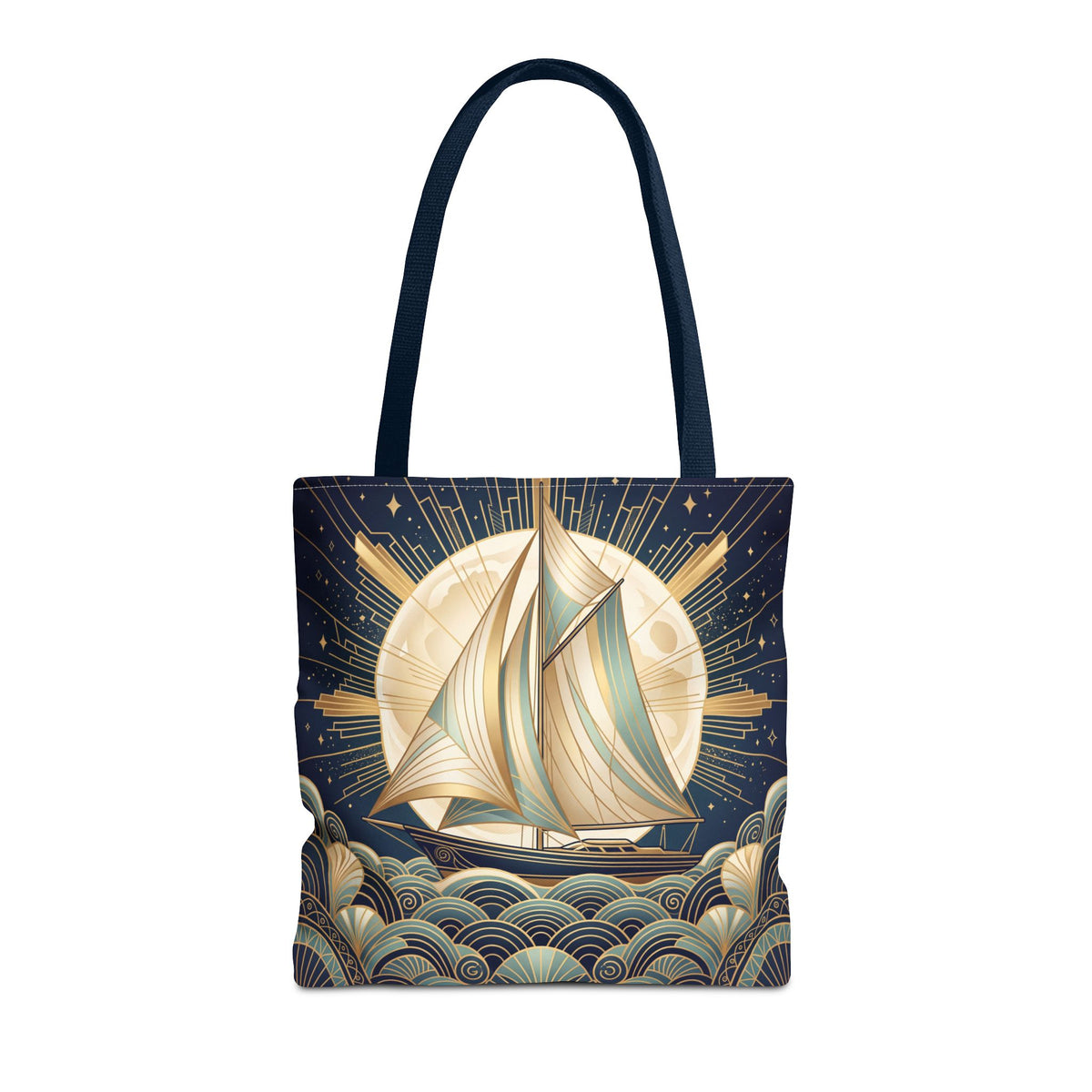 Art Deco Moonlit Sailboat Tote Bag – Starry Night Nautical Beach Bag