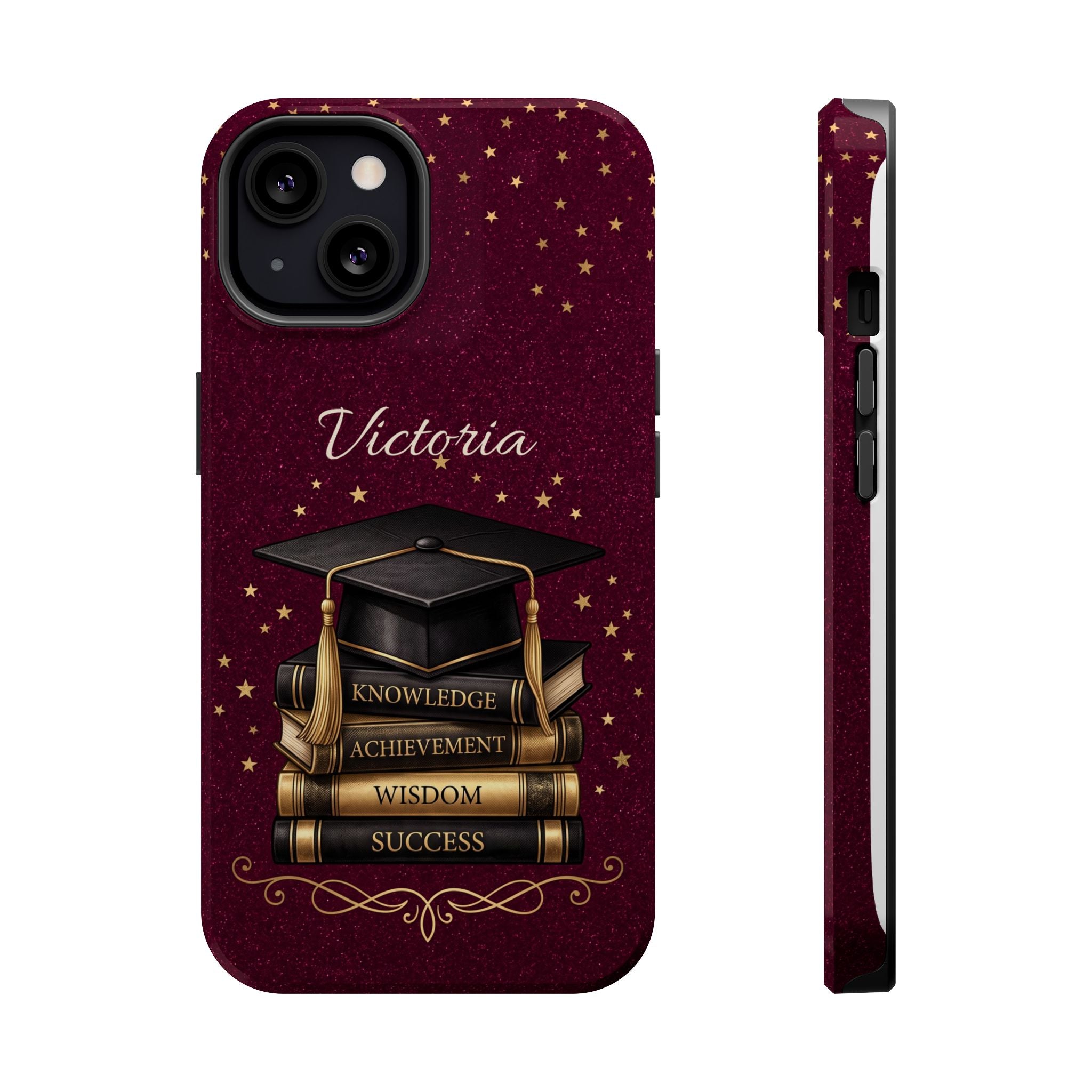 Graduation Cap & Books Personalized Teacher Phone Case — Wireless Charging Cover