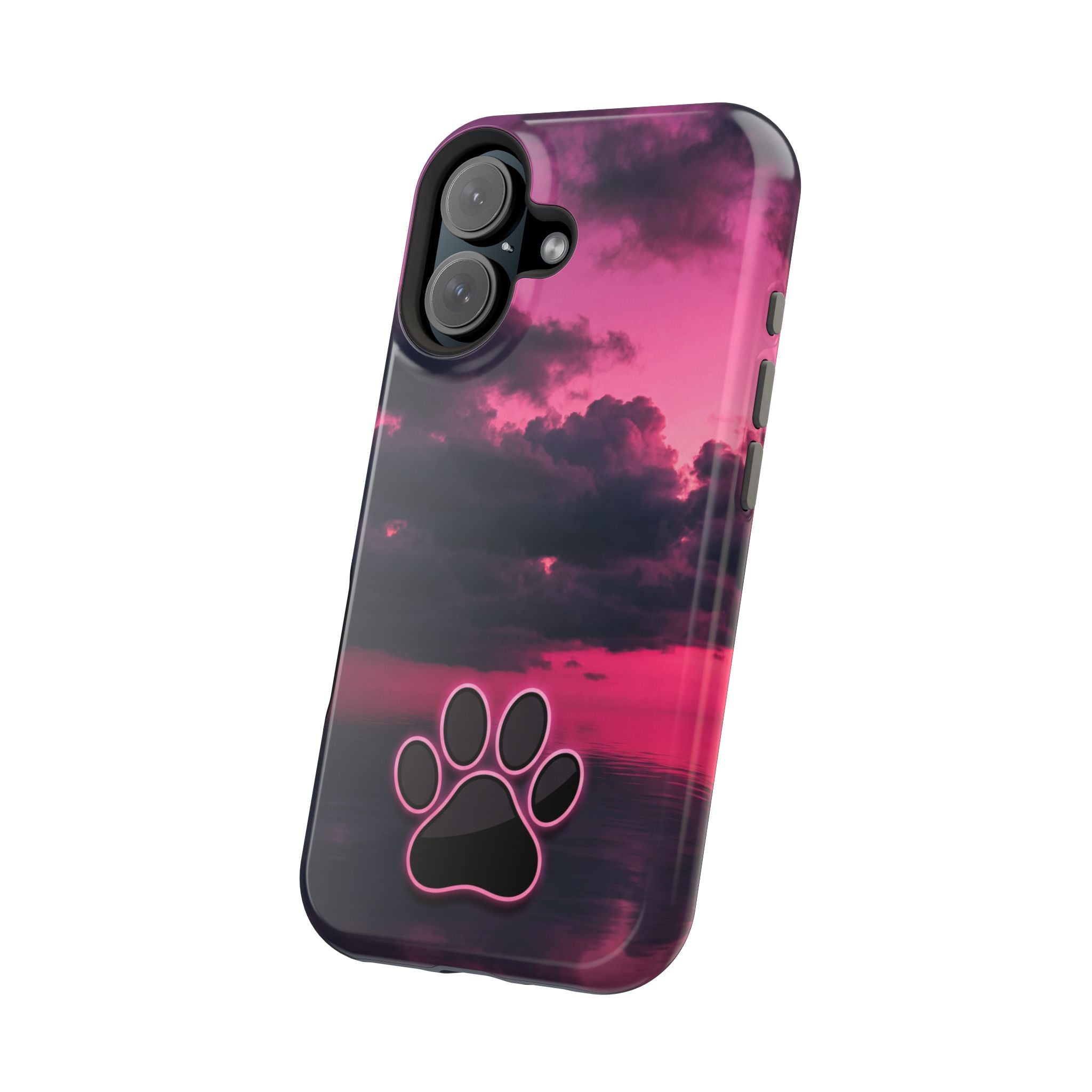 iPhone & Samsung Magnetic Impact-Resistant Phone Case — Pink Twilight Cloud with Paw Print