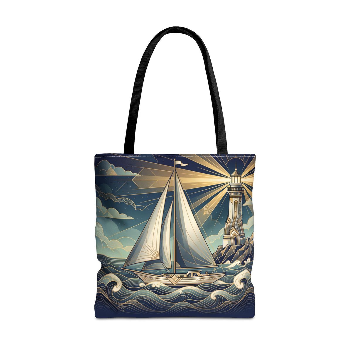 Lighthouse Sailboat Tote Bag – Nautical Art Deco Ocean Waves Beach Bag