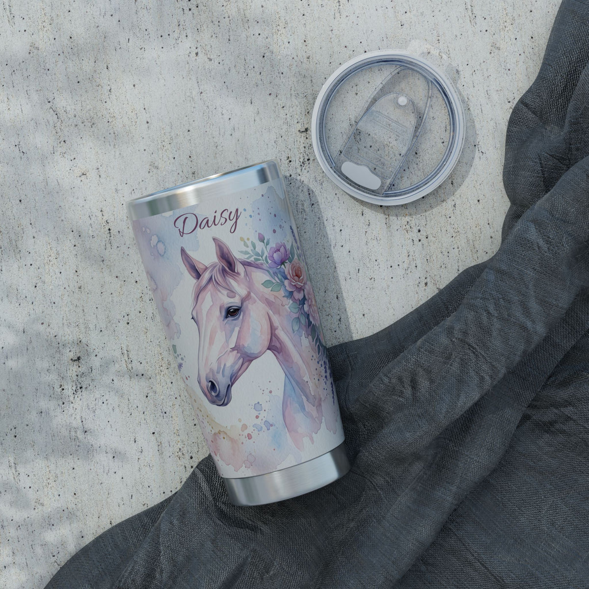Horse Personalized Tumbler | Watercolor Floral Art — 20 oz Stainless Travel Mug