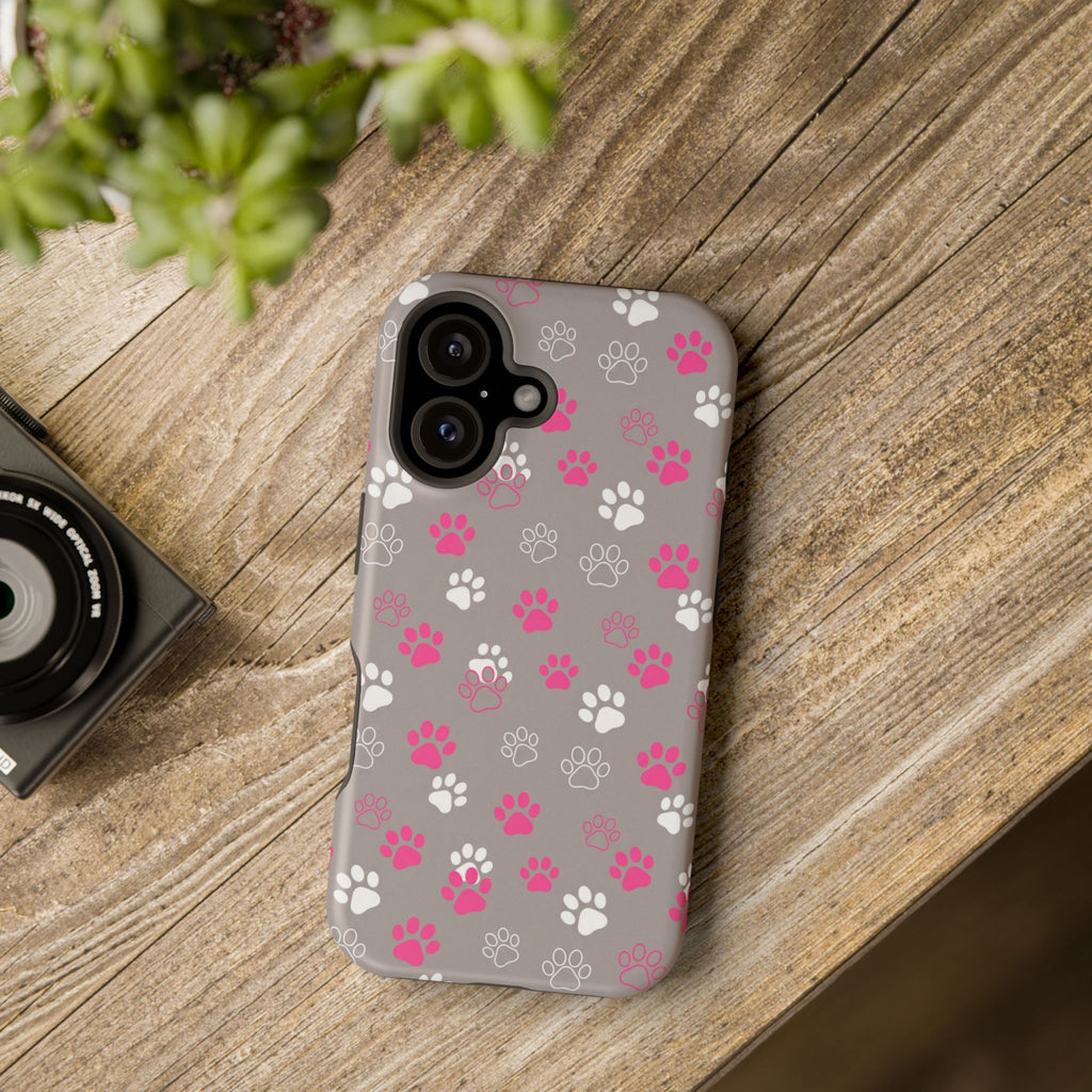 Pink & White Paw Print Phone Case — Impact-Resistant Wireless Charging Cover
