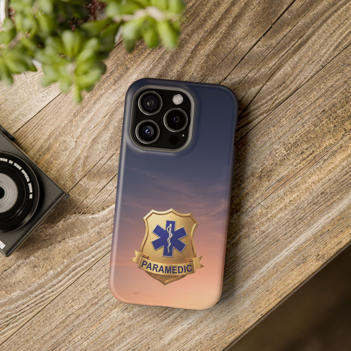 Gold Paramedic Badge Sunset Sky Phone Case — Magnetic Wireless Charging Cover