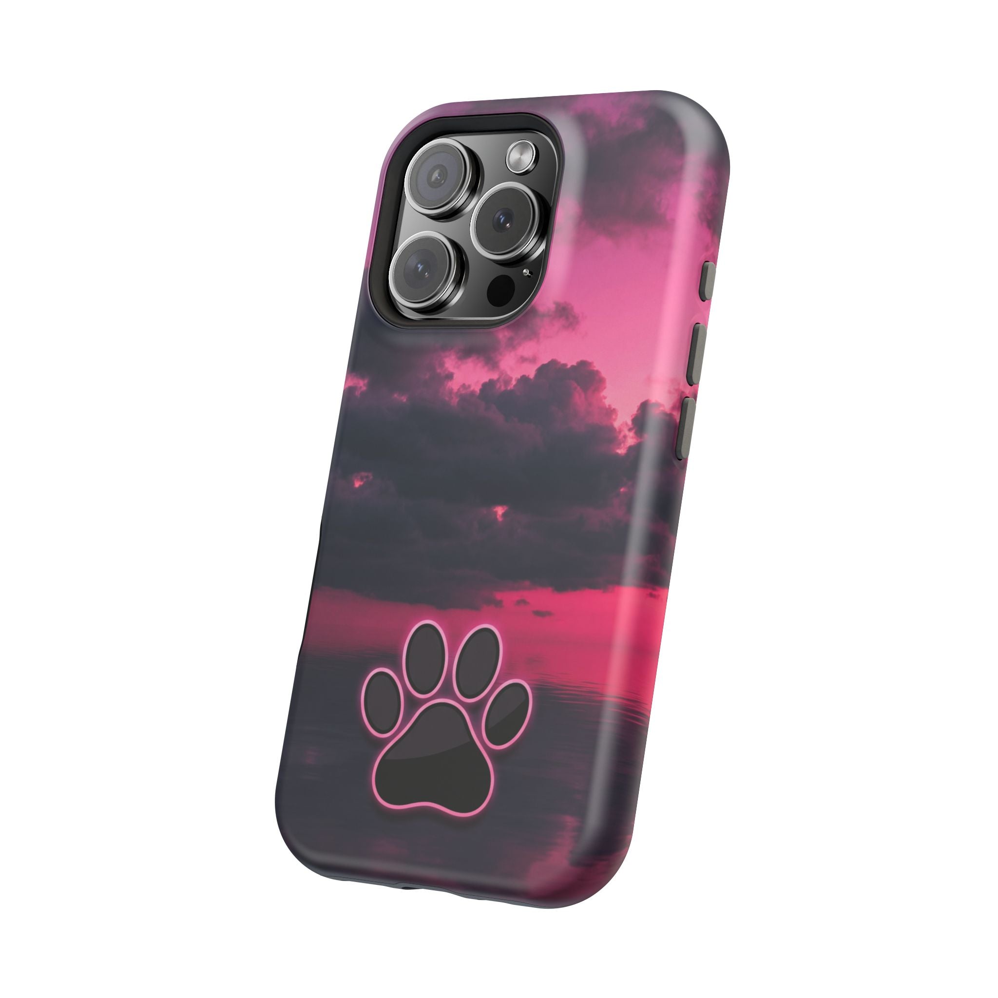 iPhone & Samsung Magnetic Impact-Resistant Phone Case — Pink Twilight Cloud with Paw Print