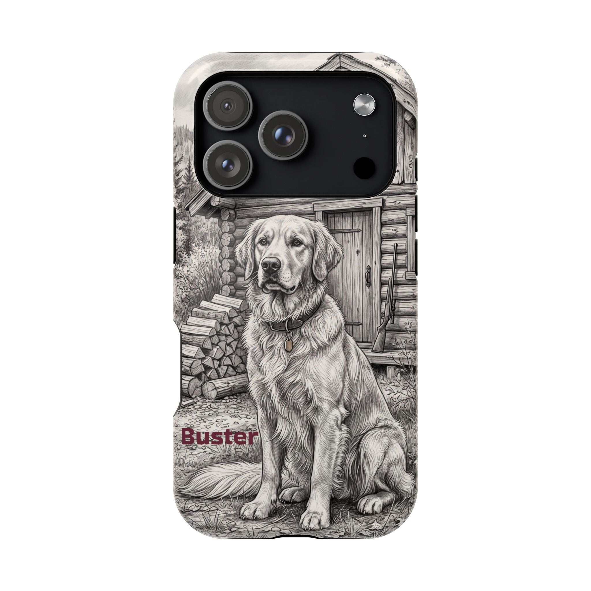 Personalized Golden Retriever Cabin Porch Phone Case — Wireless Charging Cover