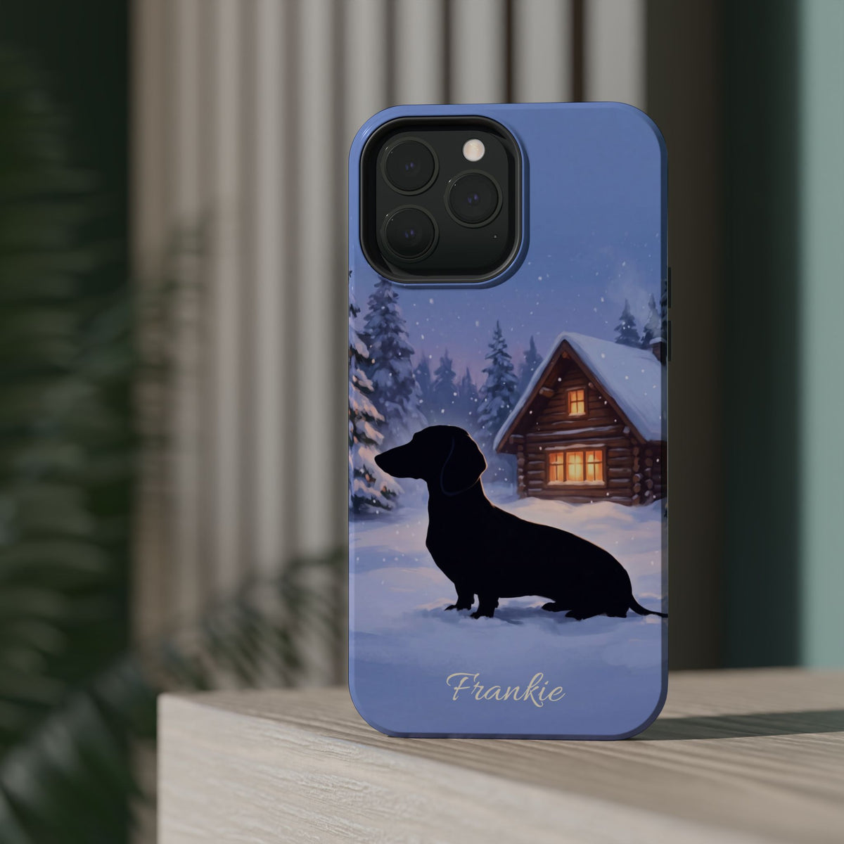 Personalized Dachshund Winter Cabin Phone Case — Wireless Charging Cover