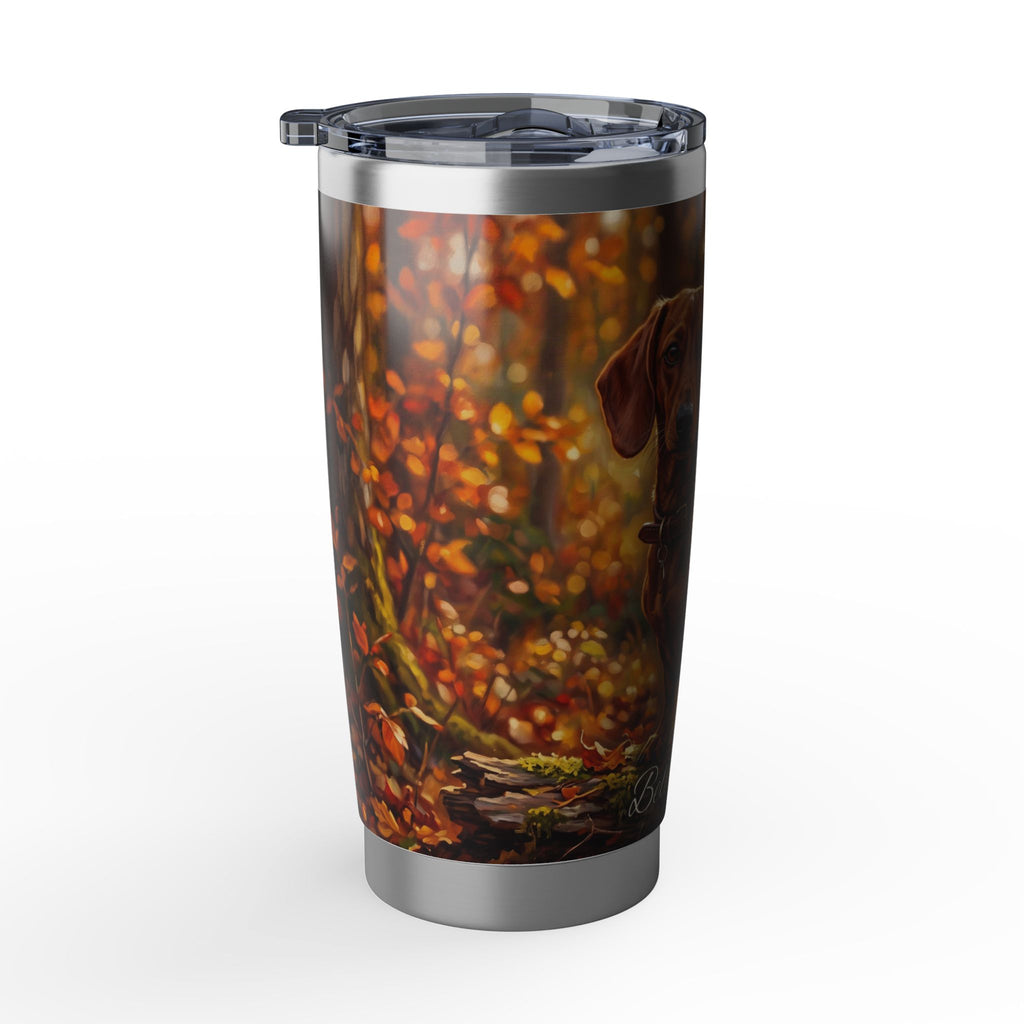 Dachshund Autumn Portrait Stainless Tumbler — 20oz Personalized Travel Mug with Golden Forest Design
